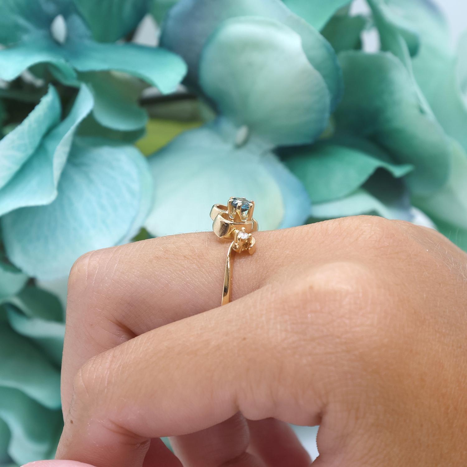 Blue Topaz Diamond Heart Ring 14K Yellow Gold 0.28 CTW Size 6.75 Vintage Estate
