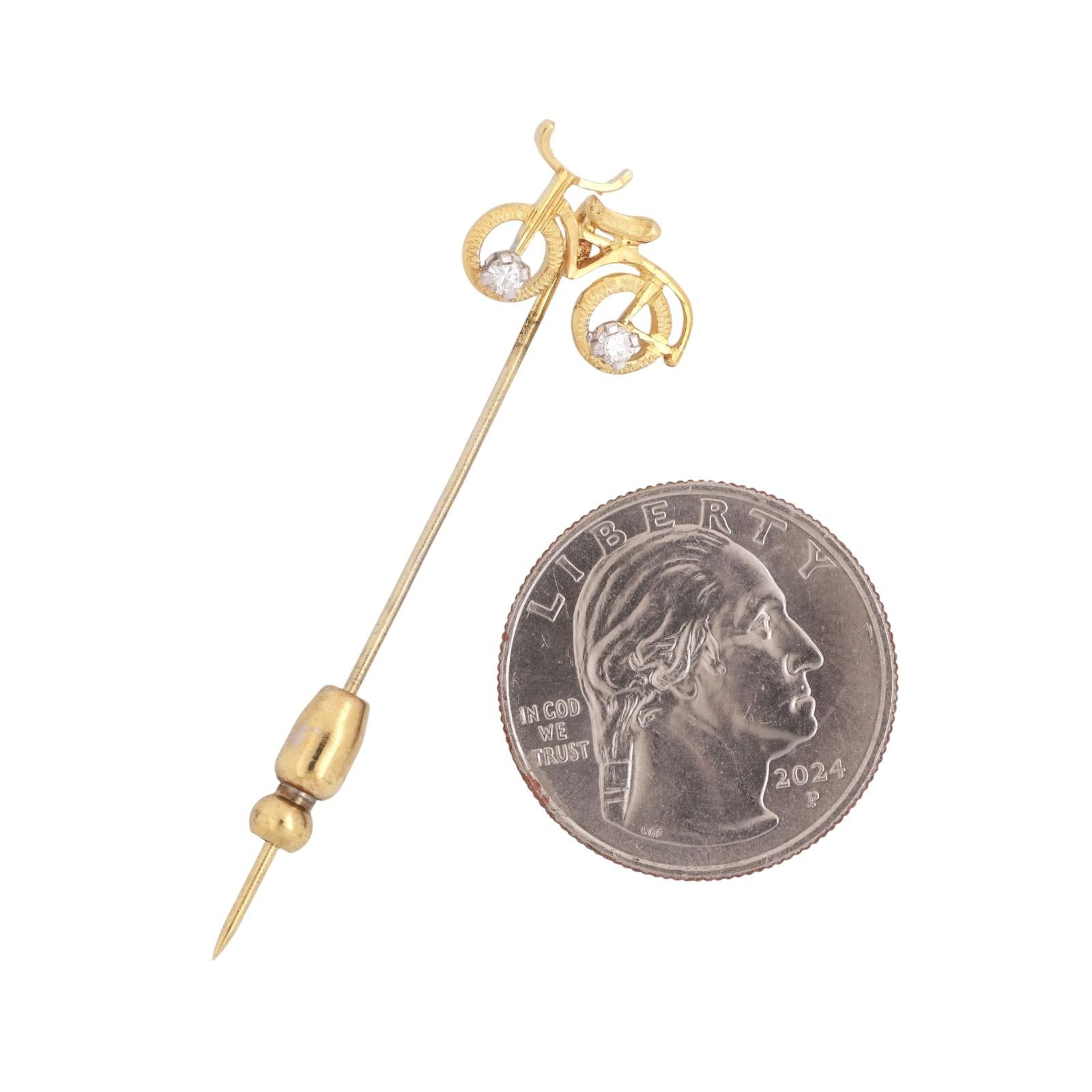 Vintage Bicycle Brooch Pin 18K Yellow Gold 0.10 TW Diamonds 2.10" Unisex Estate