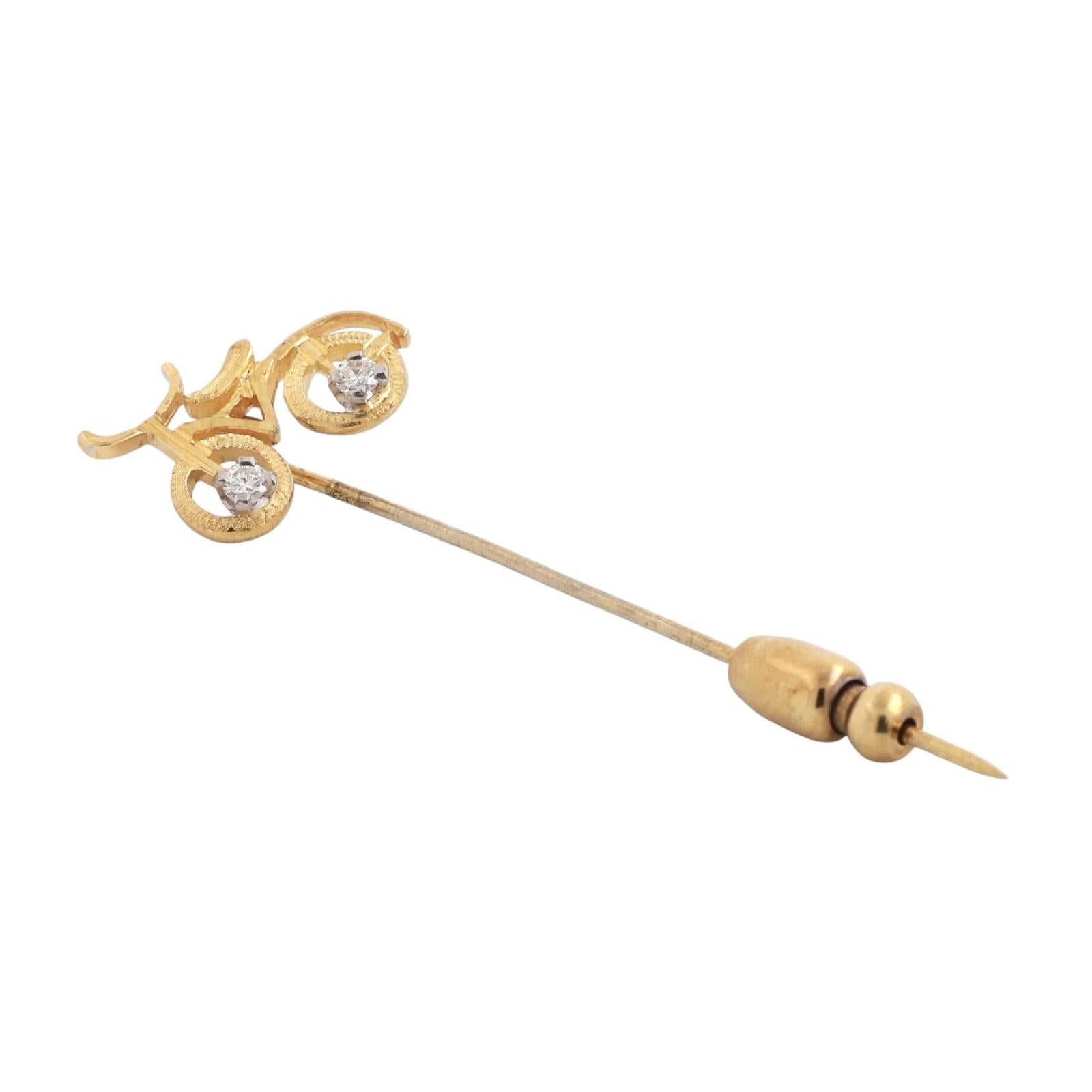Vintage Bicycle Brooch Pin 18K Yellow Gold 0.10 TW Diamonds 2.10" Unisex Estate