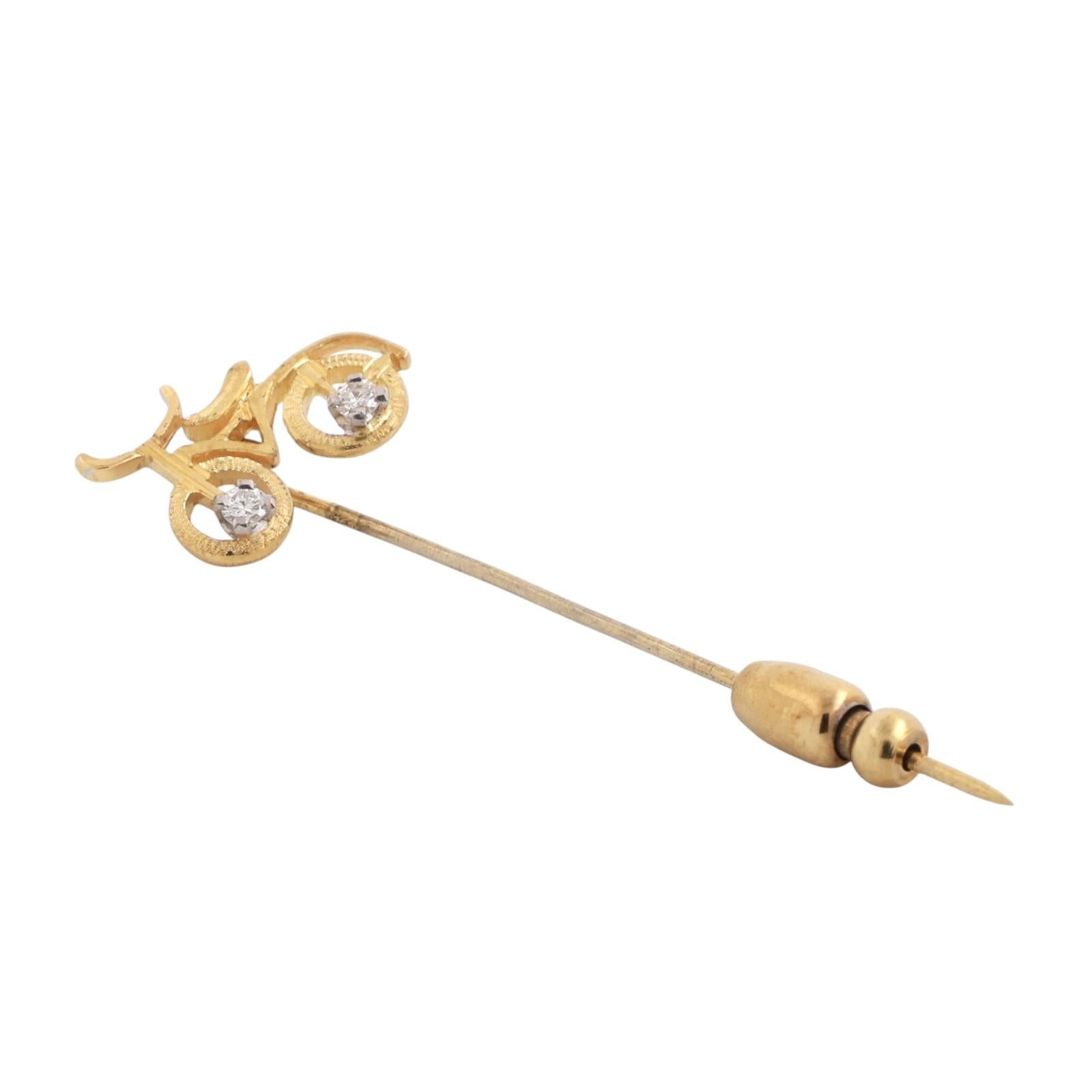 Vintage Bicycle Brooch Pin 18K Yellow Gold 0.10 TW Diamonds 2.10" Unisex Estate
