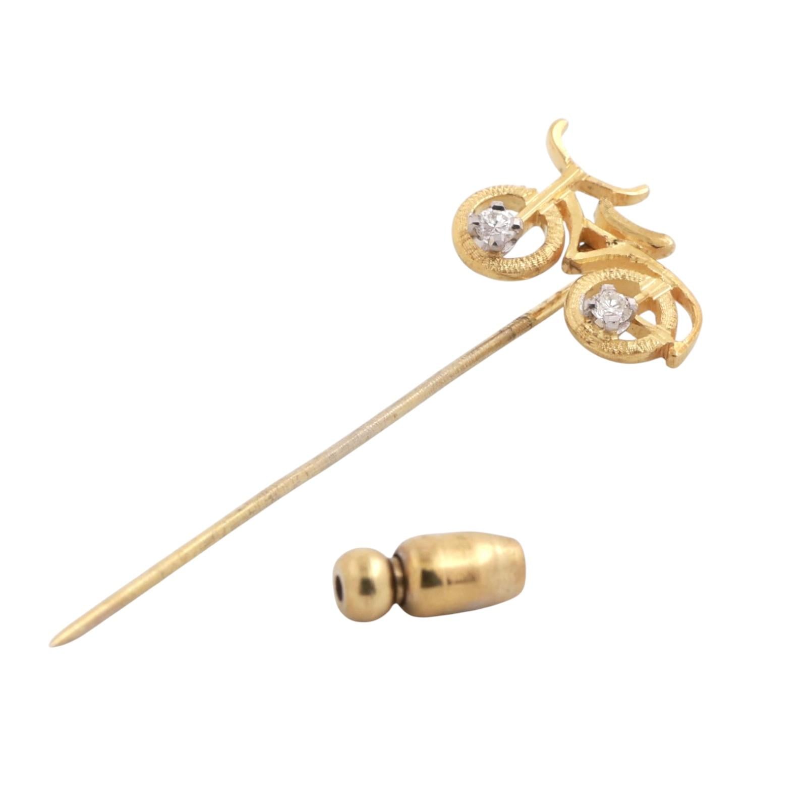 Vintage Bicycle Brooch Pin 18K Yellow Gold 0.10 TW Diamonds 2.10" Unisex Estate