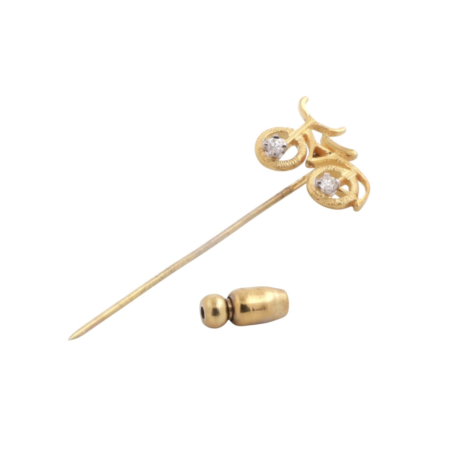 Vintage Bicycle Brooch Pin 18K Yellow Gold 0.10 TW Diamonds 2.10" Unisex Estate