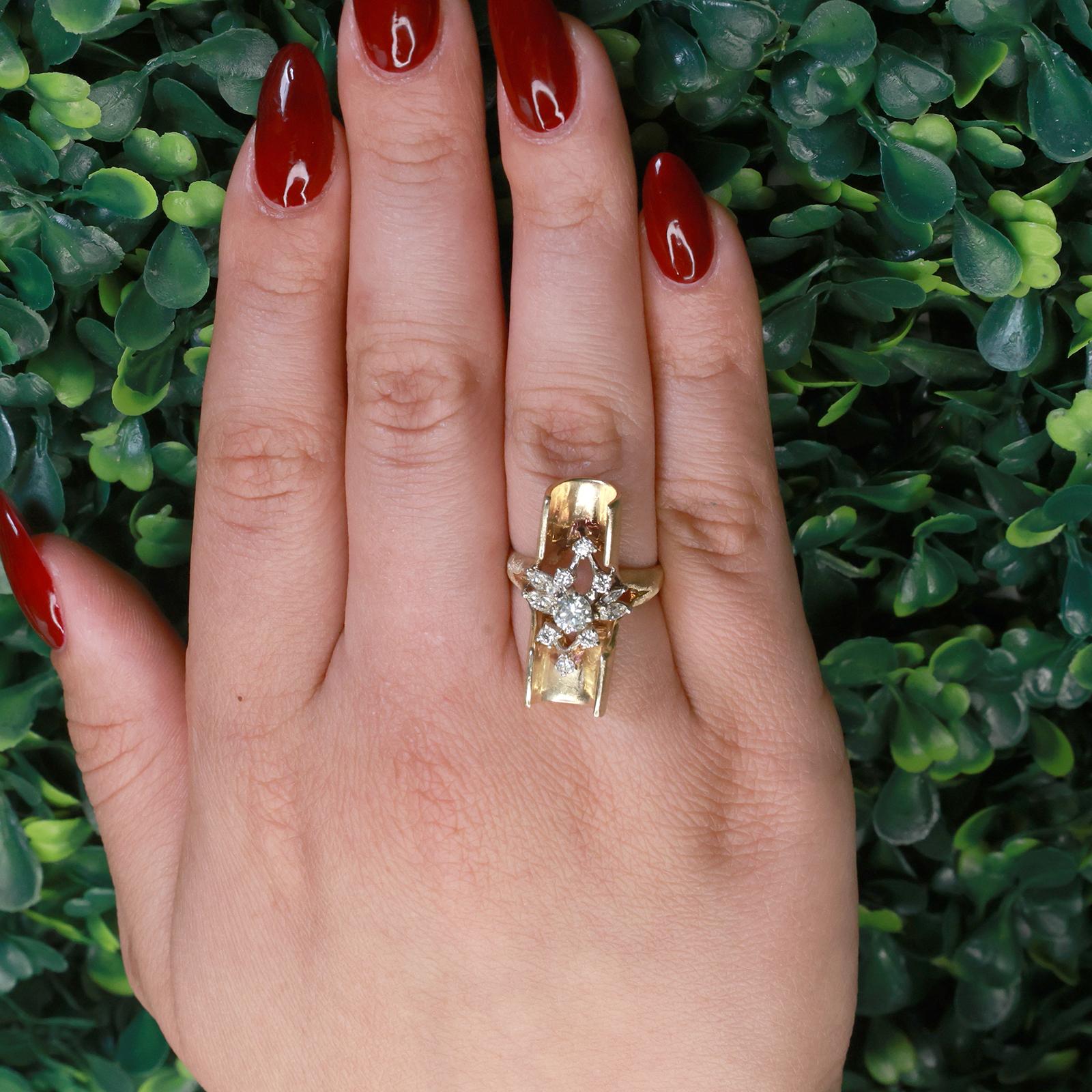 Vintage Diamond Floral Statement Ring Two-Tone Gold 1.00 TW Size 7 Ladies Estate