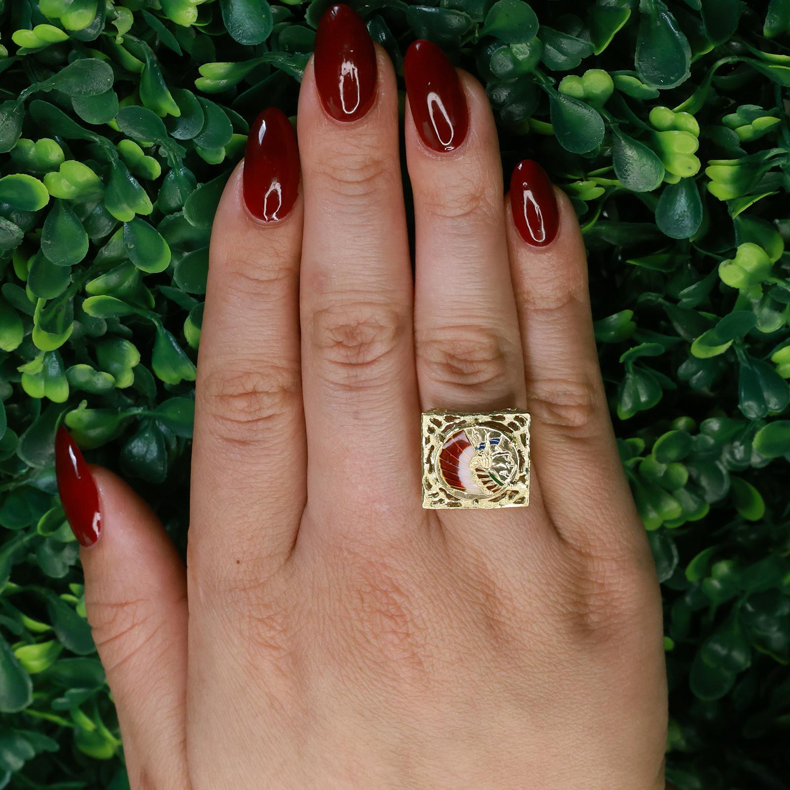 Enamel Indian Head Filigree Statement Ring 18K Yellow Gold Size 5.75 Unisex