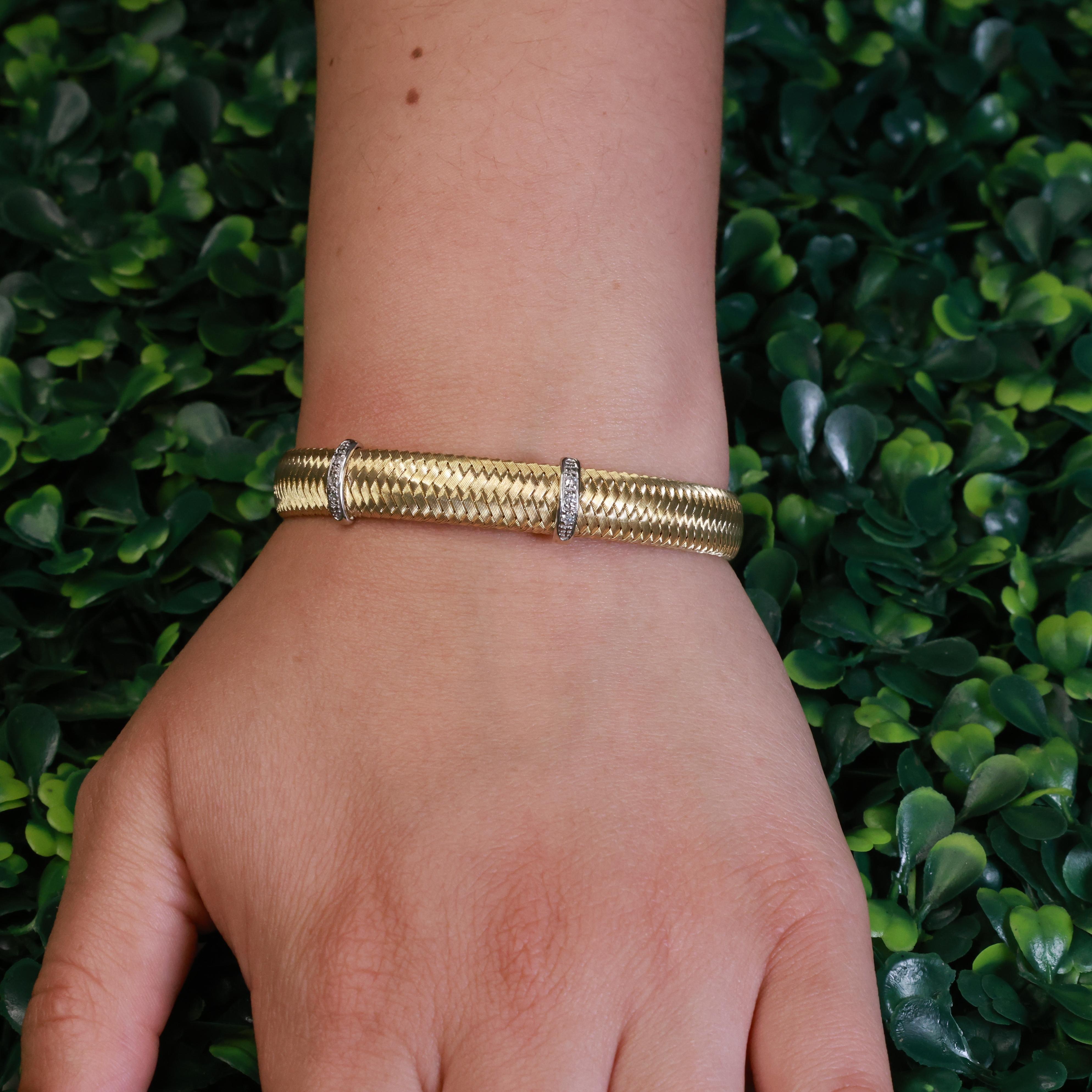 14K Gold Woven Basket Weave Diamond Station Wide Bracelet 0.18 TW 7.5" Ladies