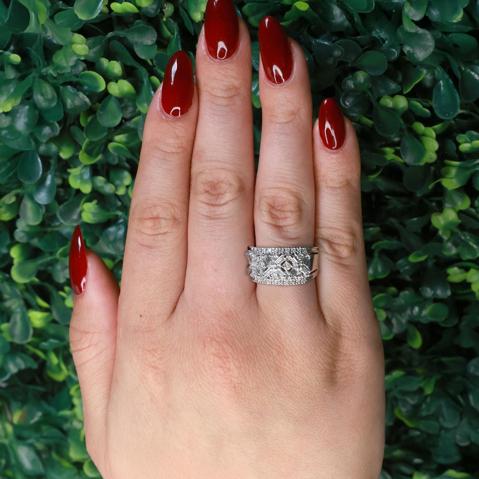 1.00 TW Baguette and Round Diamond Wide Band Ring 14K White Gold Size 8 Ladies