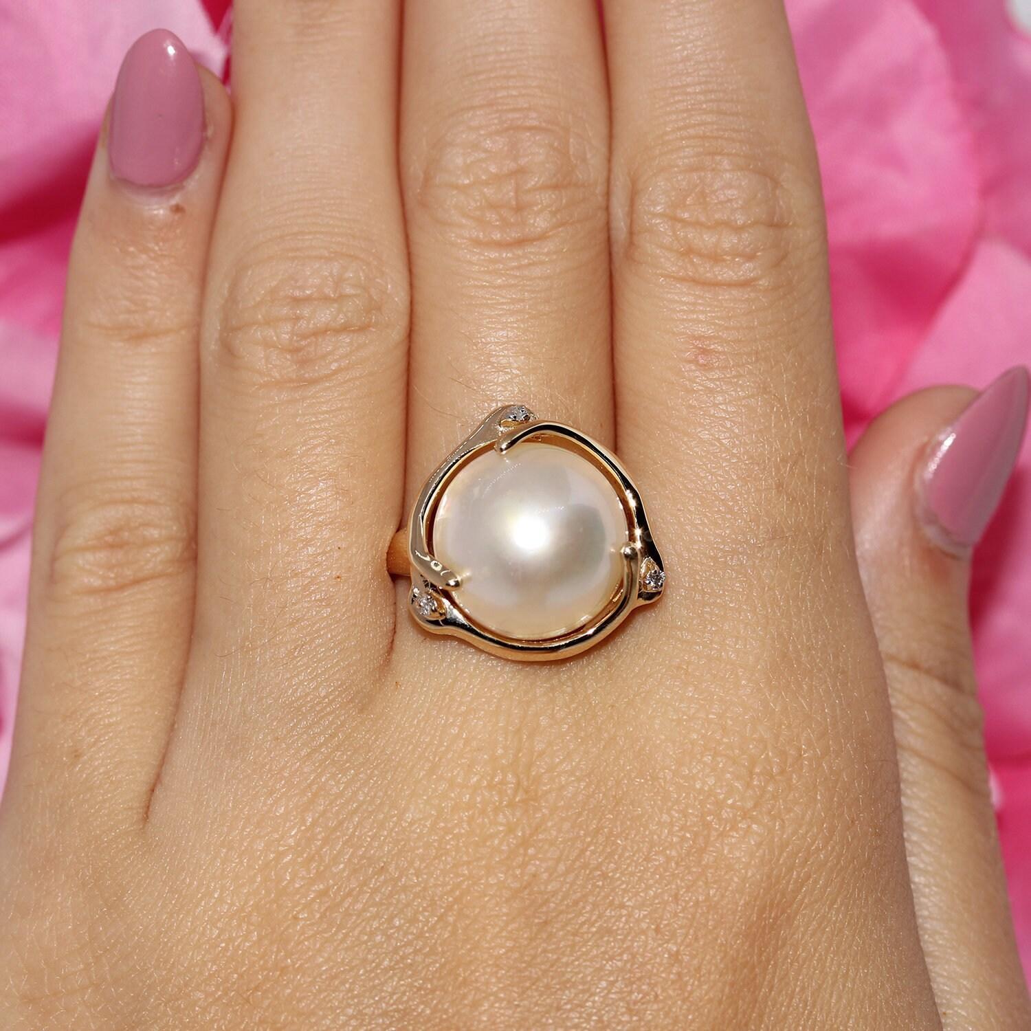 Mabe Pearl Diamond Accent Ring 14K Yellow Gold Size 6 Vintage Estate