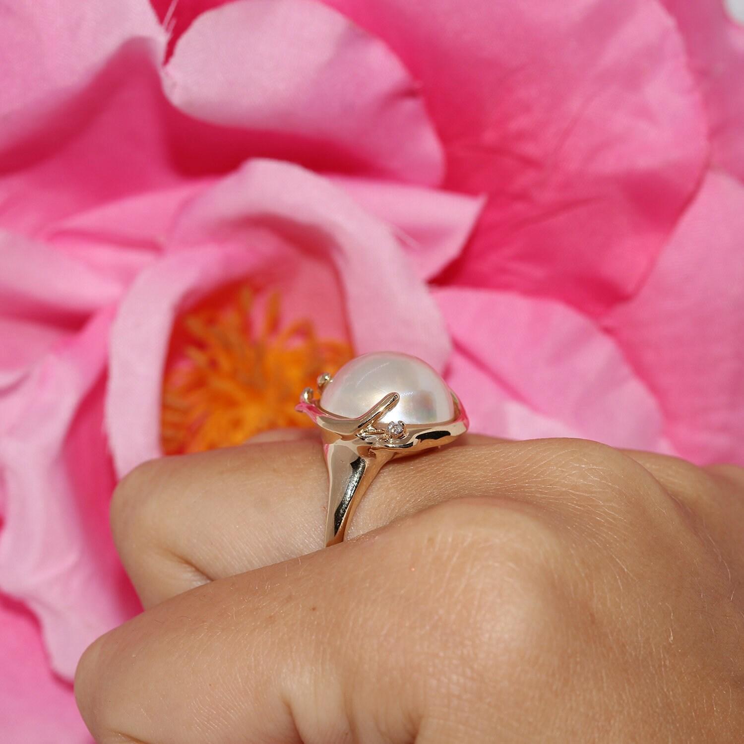 Mabe Pearl Diamond Accent Ring 14K Yellow Gold Size 6 Vintage Estate