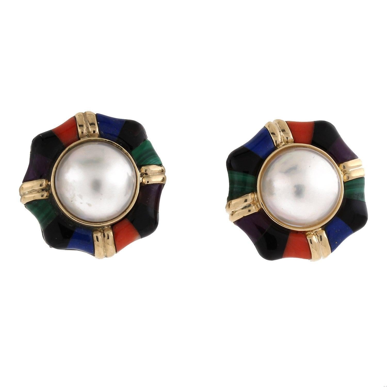 Mabe Pearl Multi Gemstone Earrings 14K Yellow Gold Omega Backs Ladies Estate