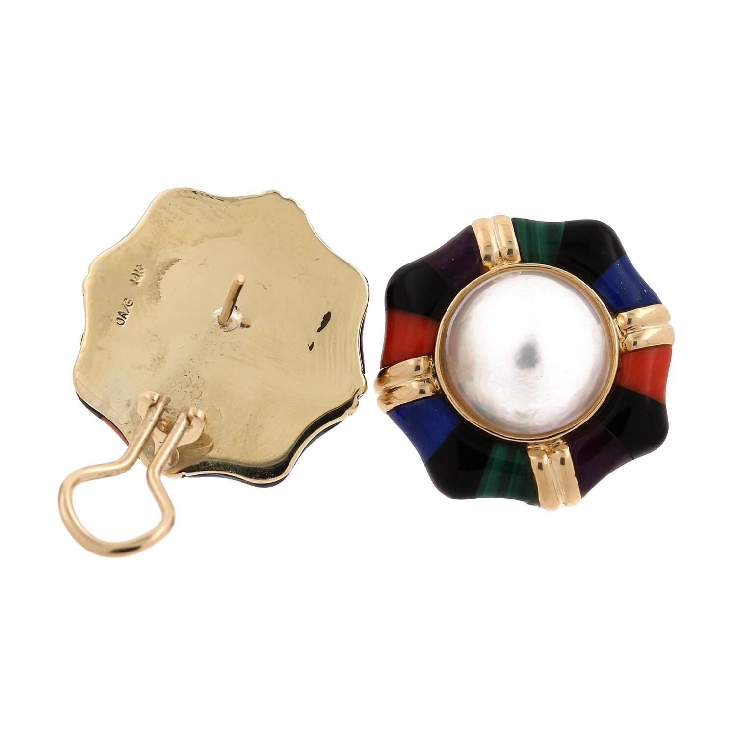 Mabe Pearl Multi Gemstone Earrings 14K Yellow Gold Omega Backs Ladies Estate