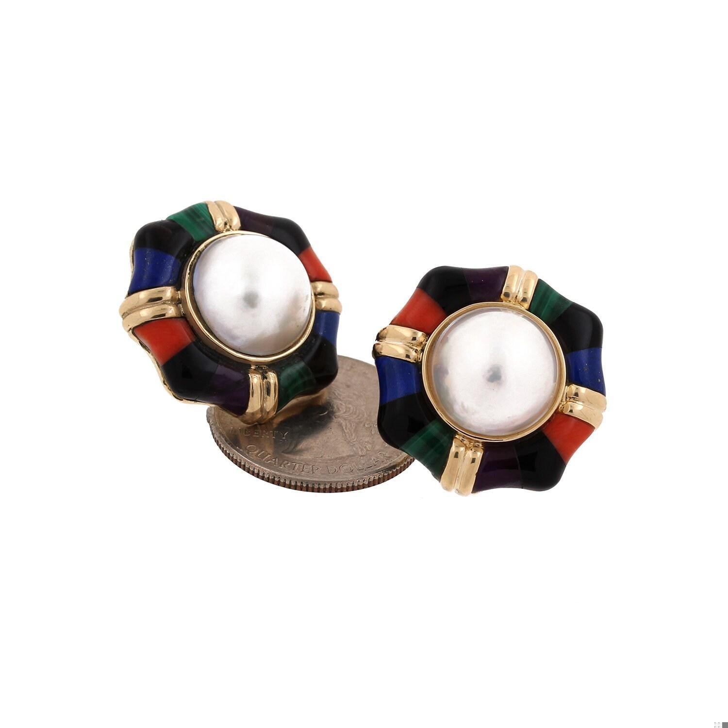 Mabe Pearl Multi Gemstone Earrings 14K Yellow Gold Omega Backs Ladies Estate