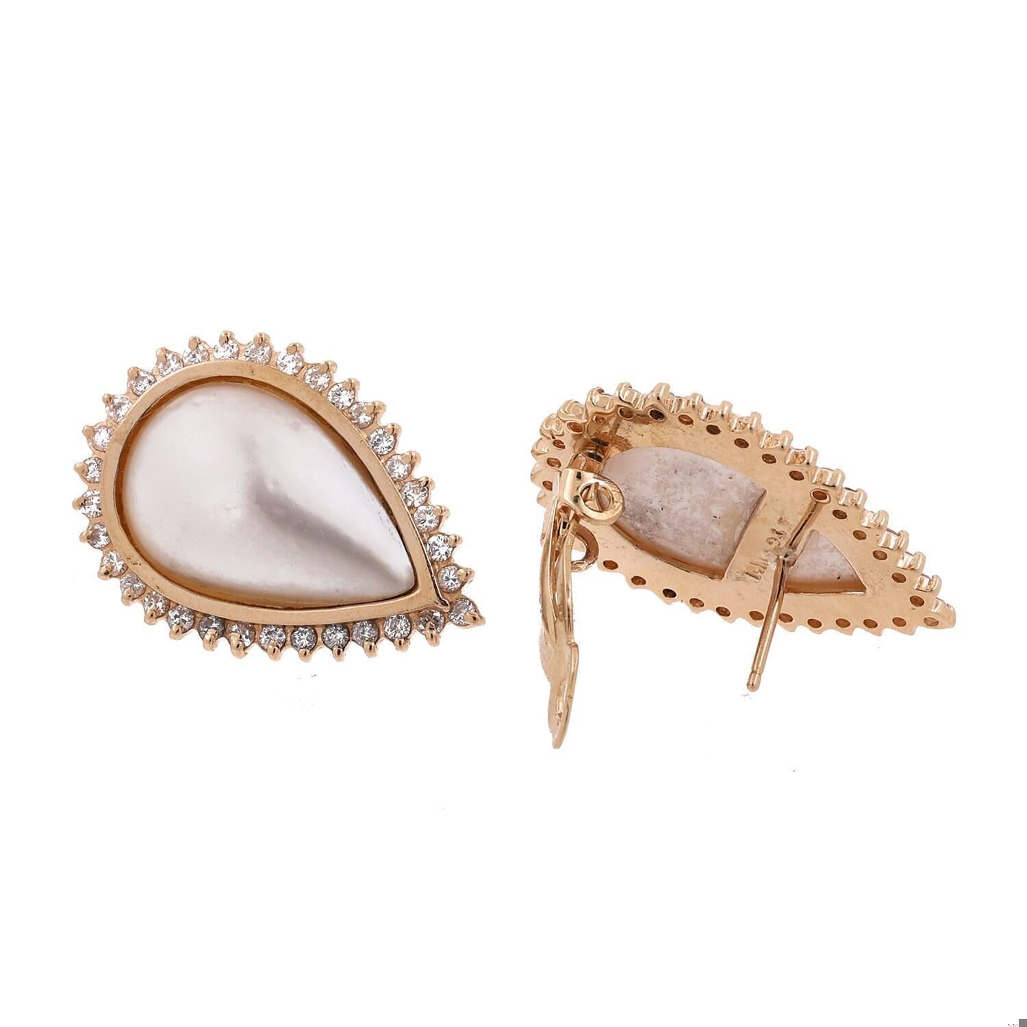Mabe Pearl Pear Shape Cuff Earrings 14K Yellow Gold Omegas Backs 0.60" Estate