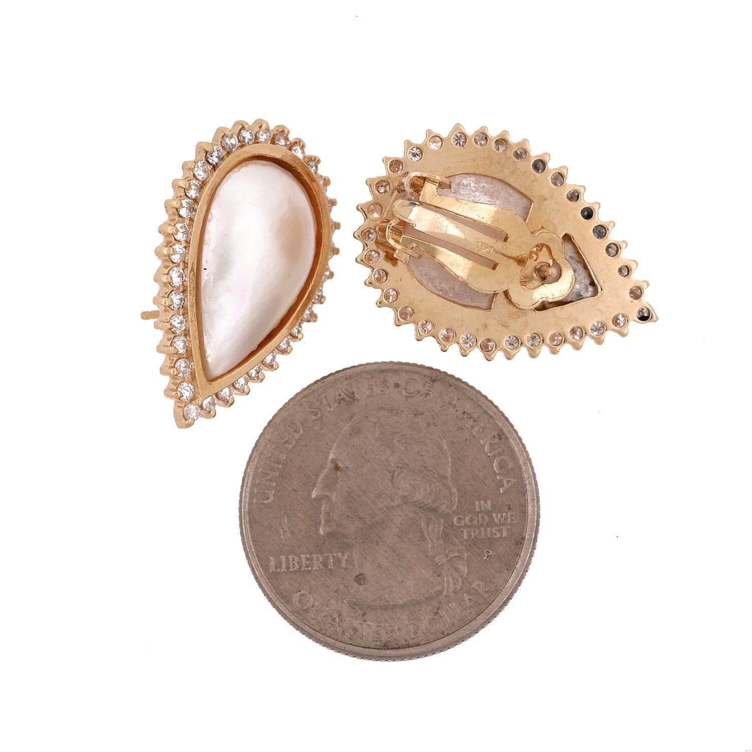 Mabe Pearl Pear Shape Cuff Earrings 14K Yellow Gold Omegas Backs 0.60" Estate