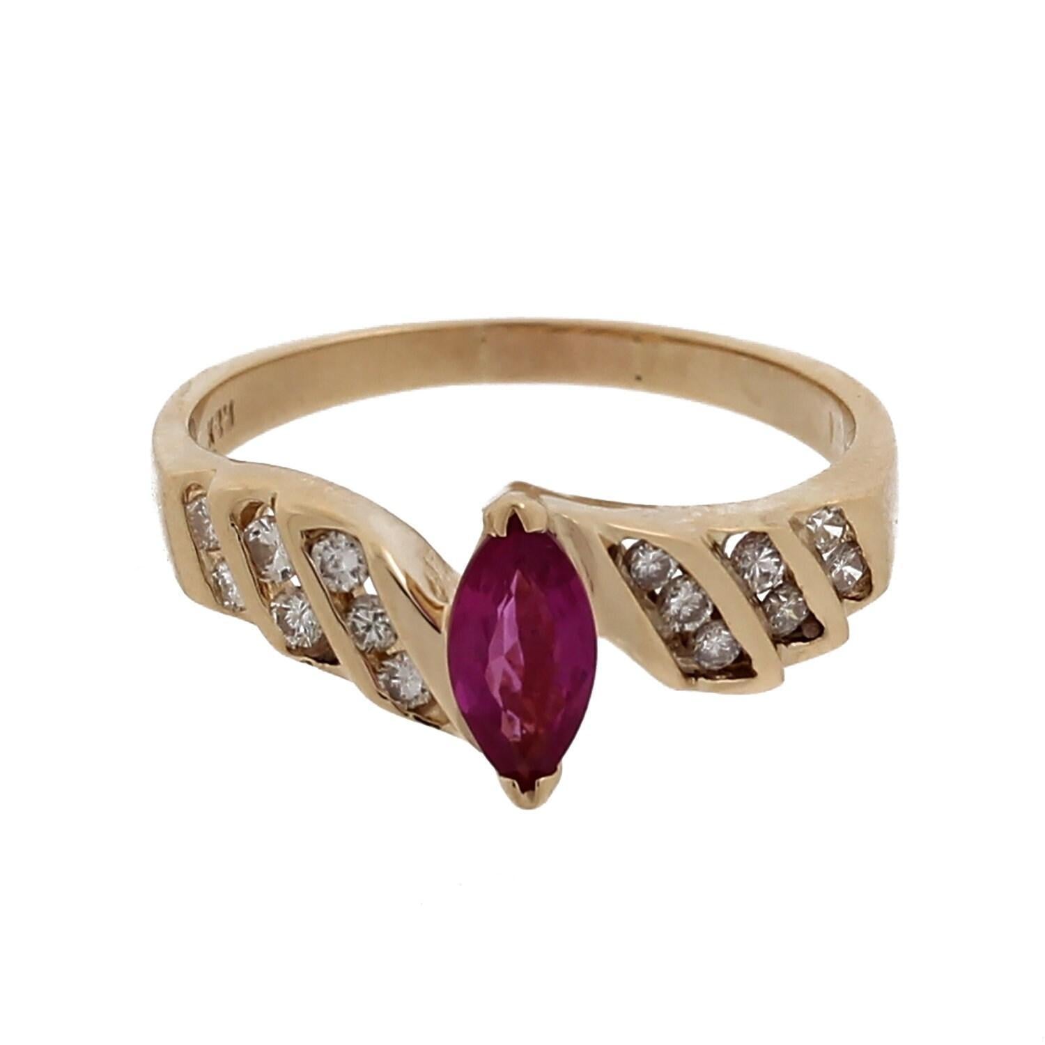 Solitaire Marquise Ruby Diamond Cocktail Ring 14K Yellow Gold 1.00 CTW Size 7.75
