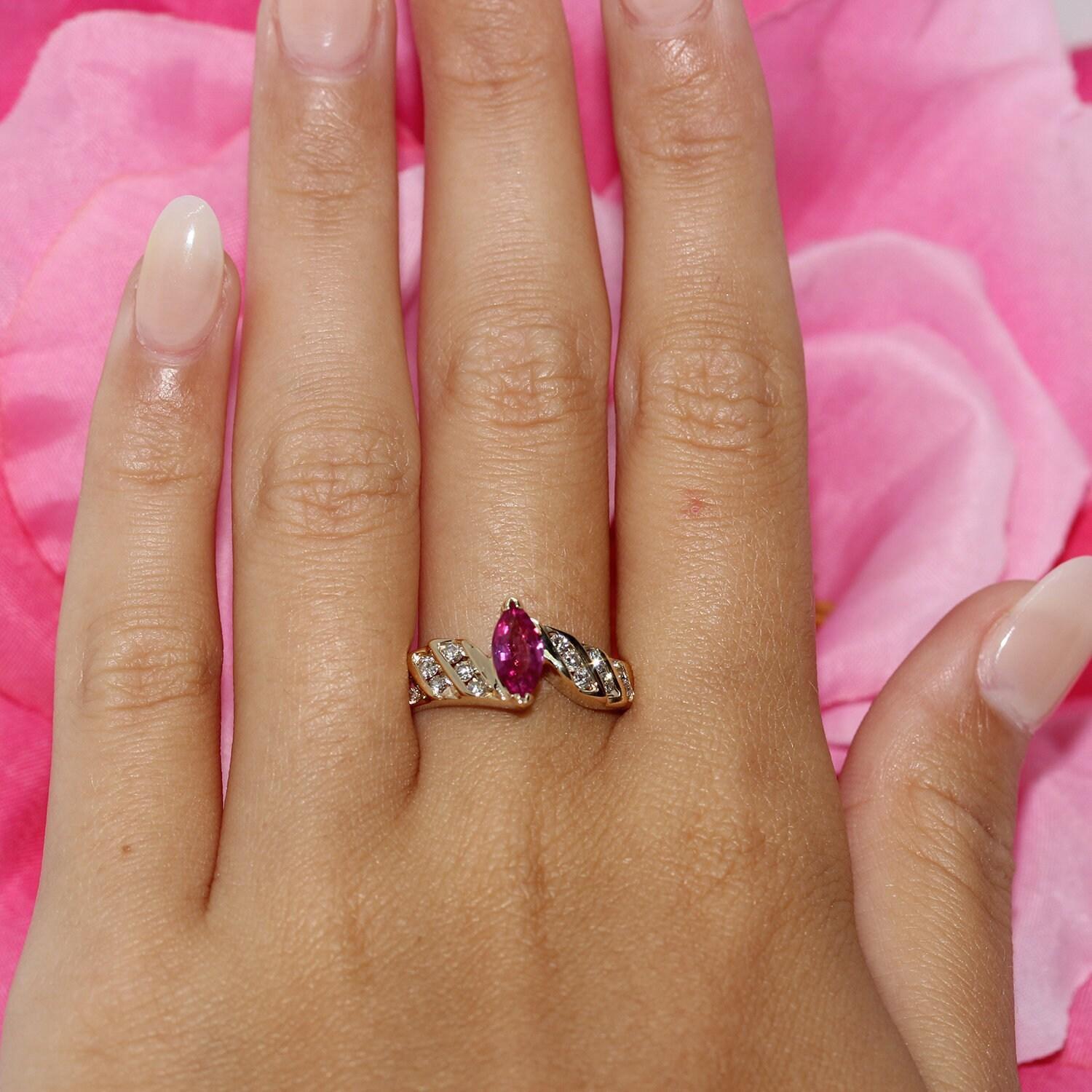 Solitaire Marquise Ruby Diamond Cocktail Ring 14K Yellow Gold 1.00 CTW Size 7.75