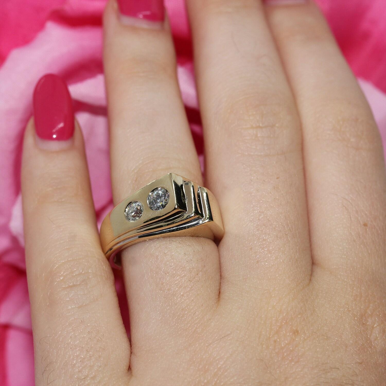 Men's 2-Stone Diamond Ring 14K Two-Tone Gold Ribbed Fanned 0.45 CTW SZ 8 Estate
