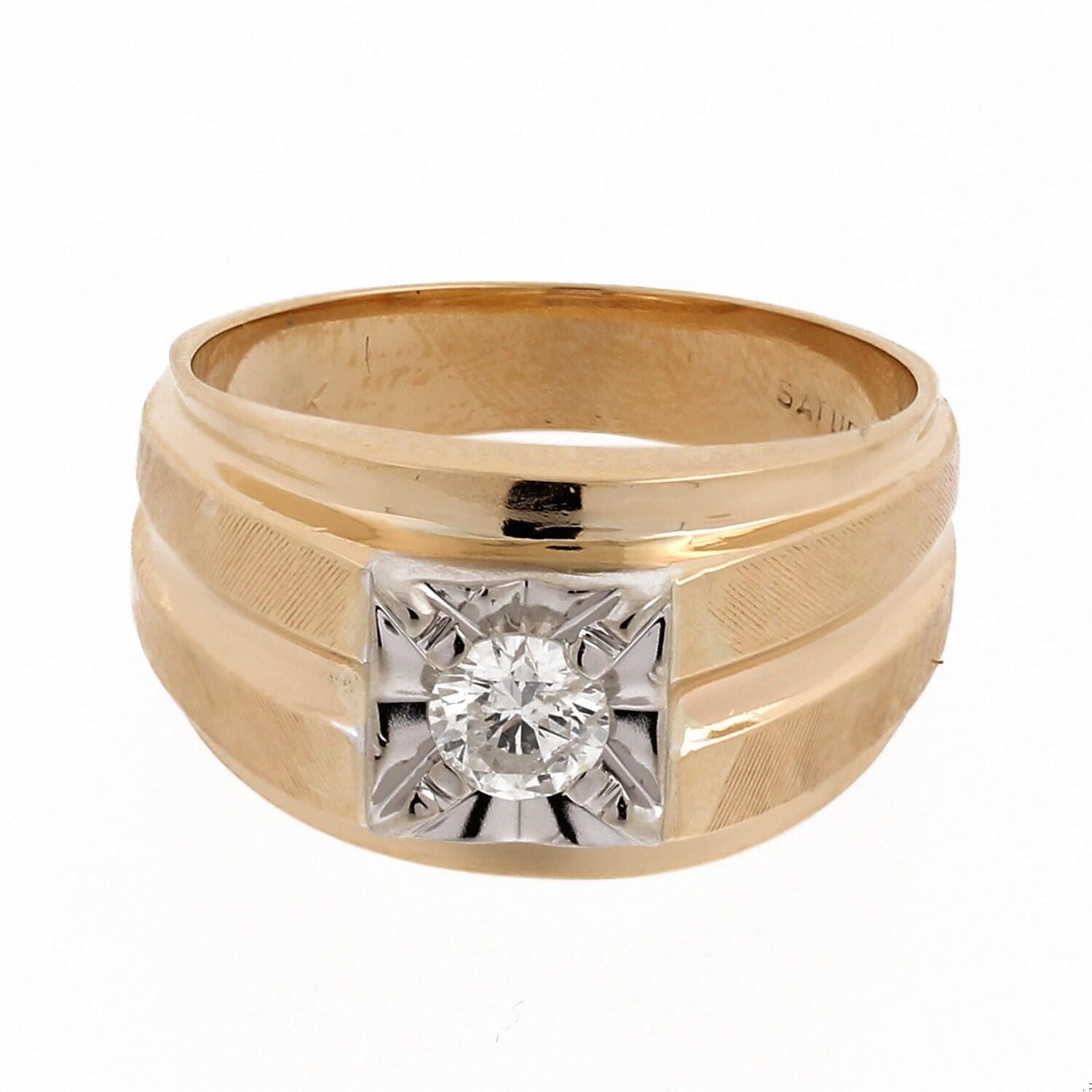 Men's Diamond Signet Ring 14K Two-Tone Brushed Gold 0.42 CTW SZ 10