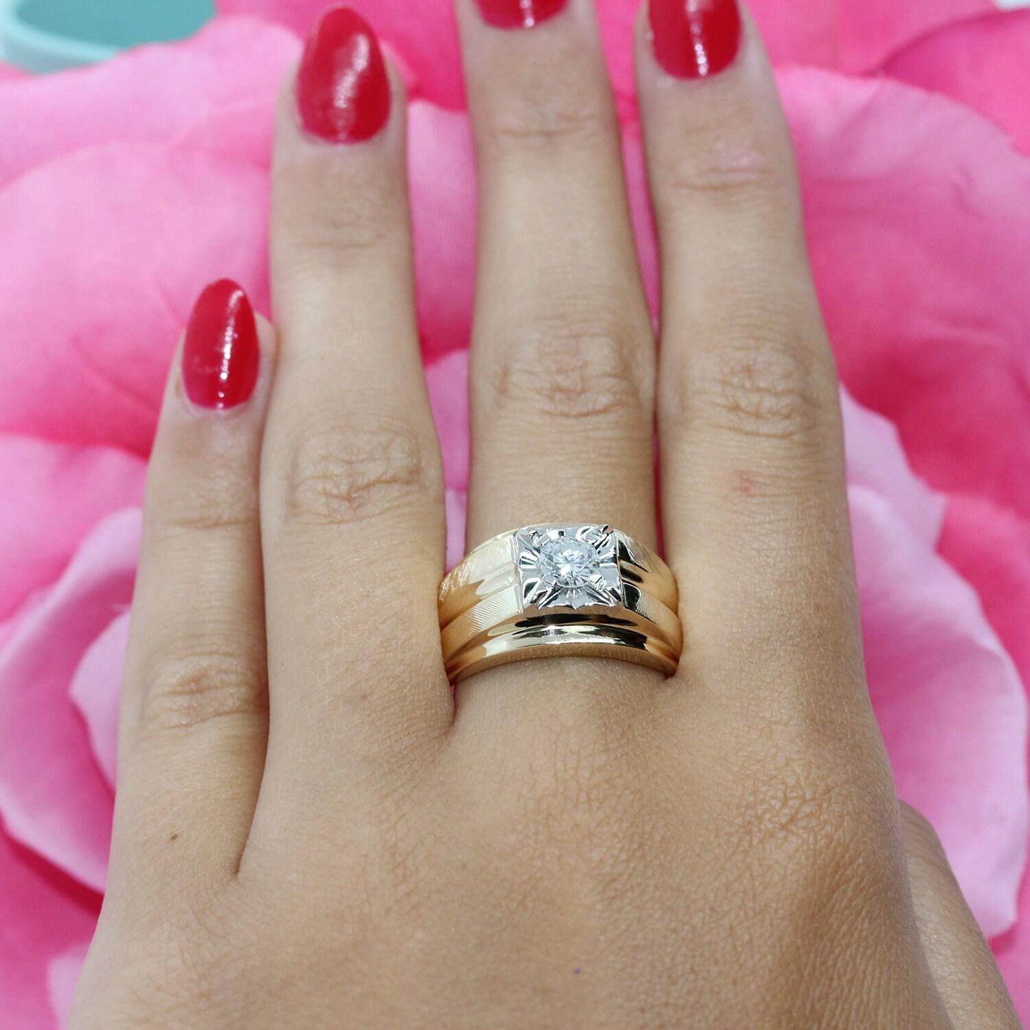 Men's Diamond Signet Ring 14K Two-Tone Brushed Gold 0.42 CTW SZ 10