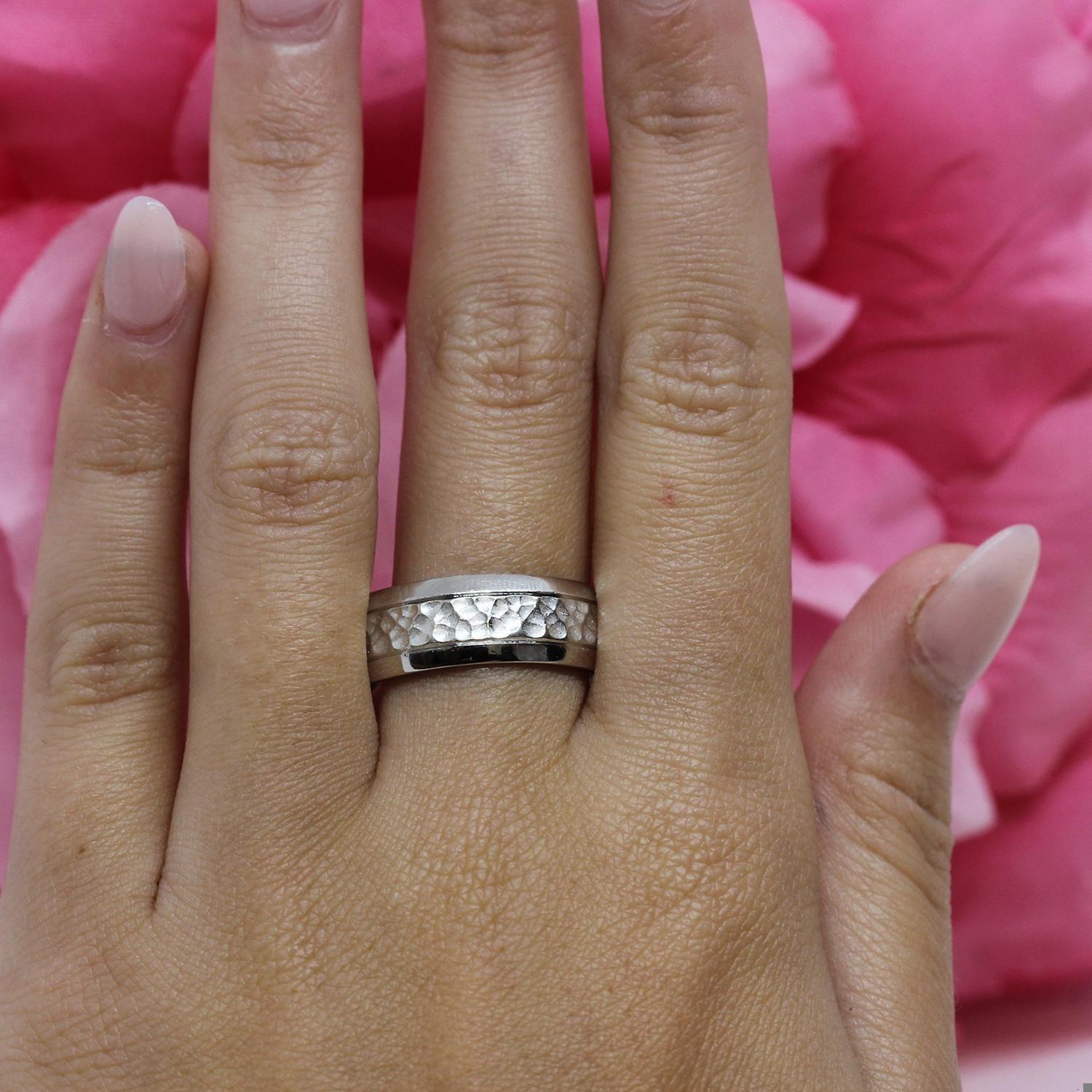 Men's Hammered Wide Band Ring 14K White Gold 7.30 mm Wide SZ 10.5 Unisex Estate