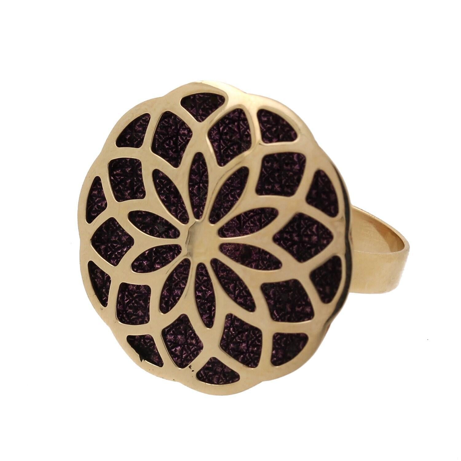 Milor Purple Stained Glass Design Flower Statement Ring 14K Y/Gold Italy Size 8