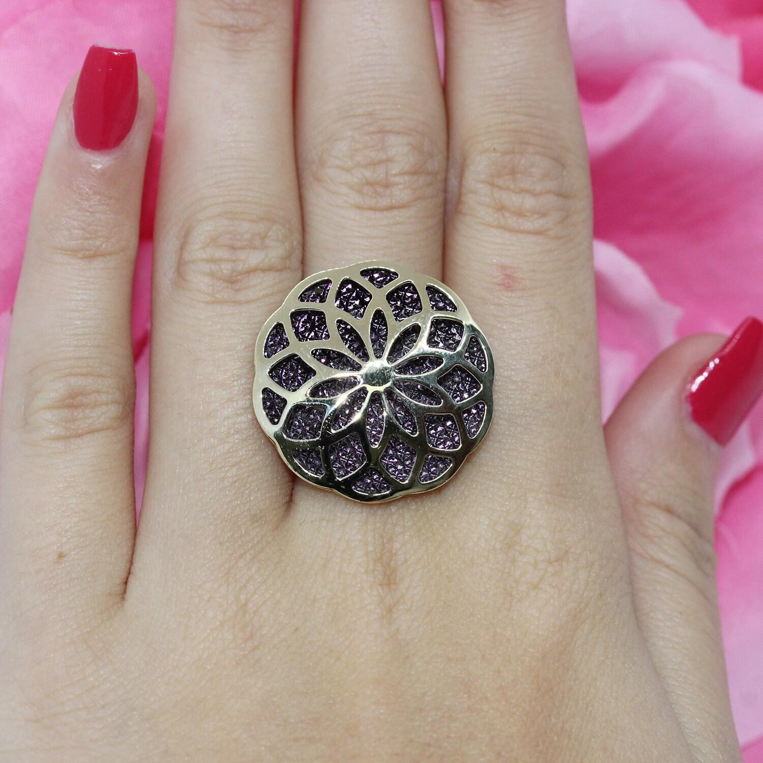 Milor Purple Stained Glass Design Flower Statement Ring 14K Y/Gold Italy Size 8