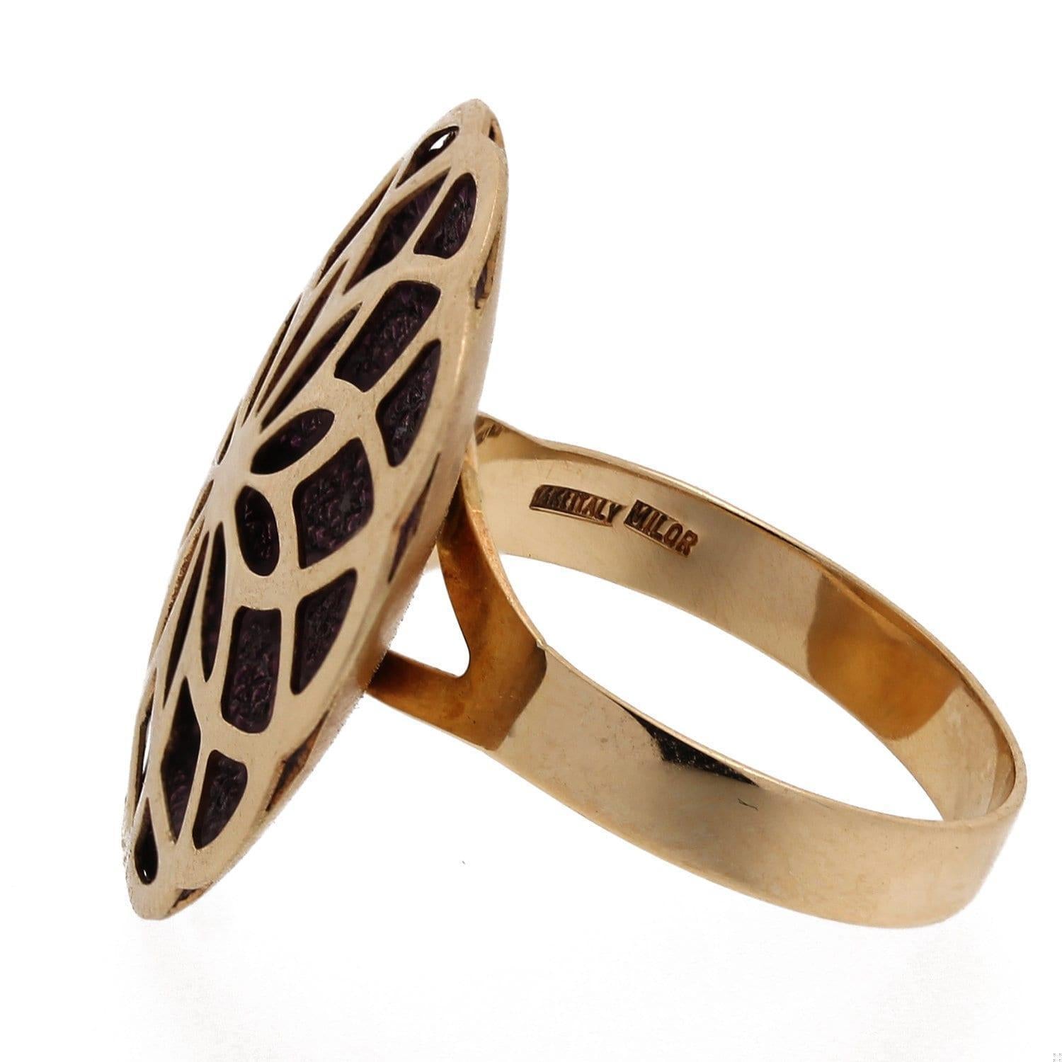 Milor Purple Stained Glass Design Flower Statement Ring 14K Y/Gold Italy Size 8