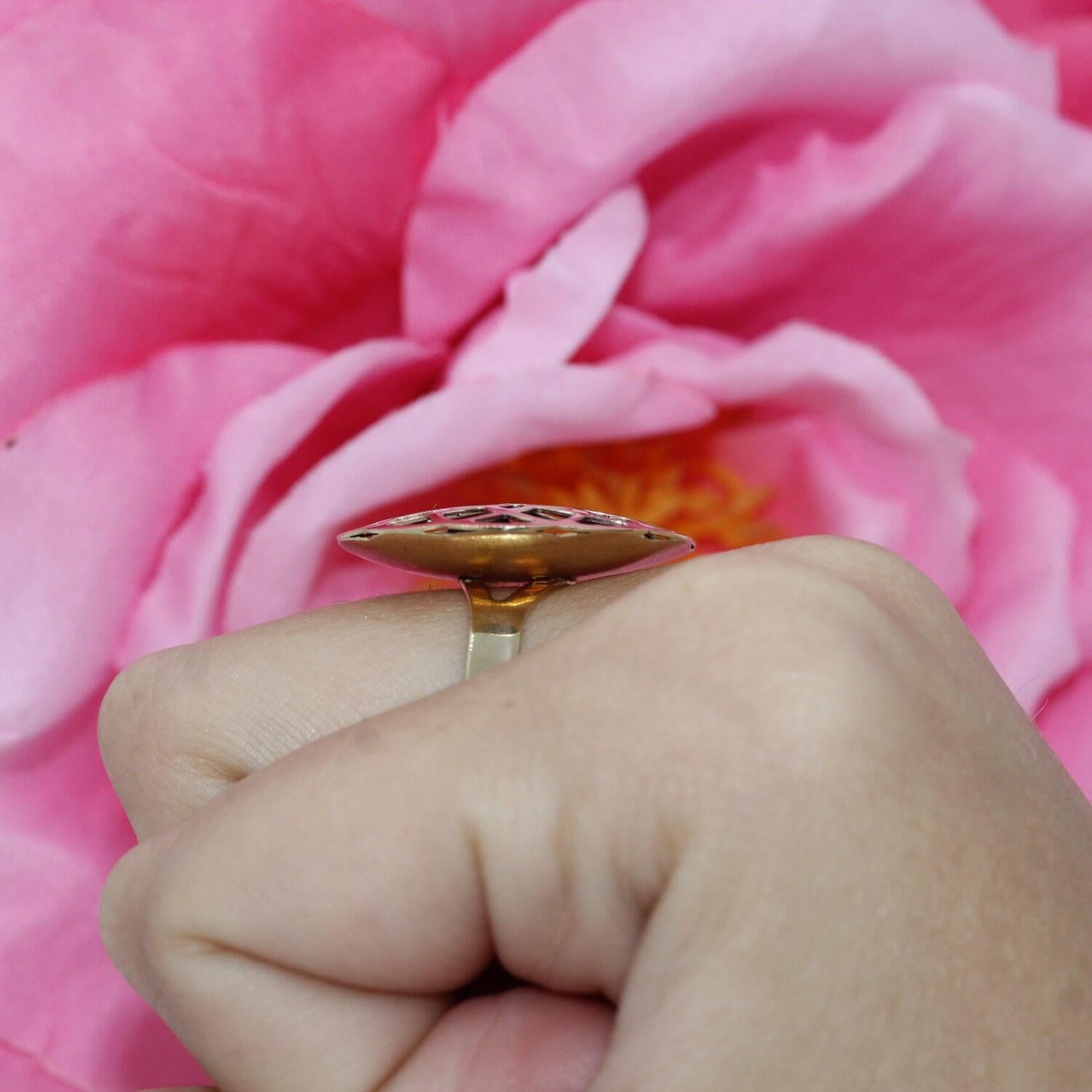 Milor Purple Stained Glass Design Flower Statement Ring 14K Y/Gold Italy Size 8