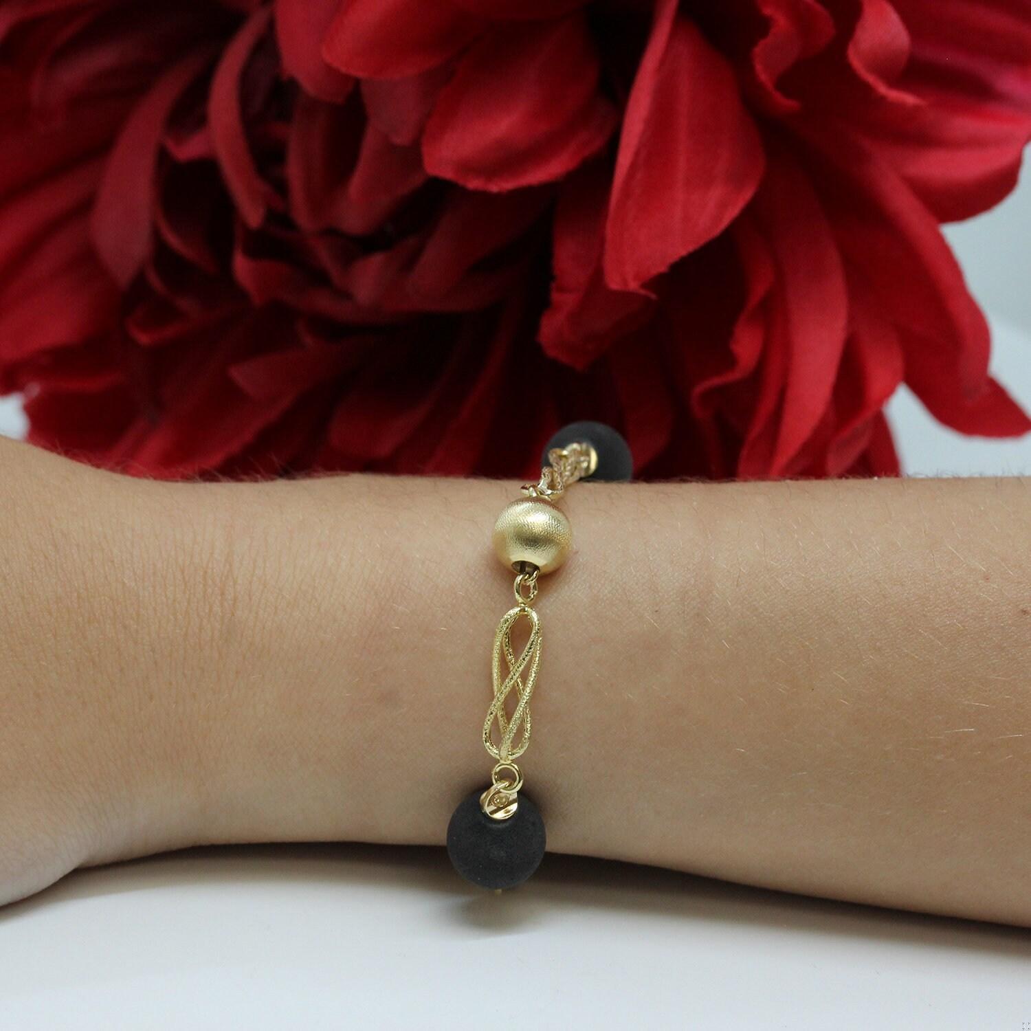 Milros Twisted Bracelet With 18K Yellow Gold & Black Beads Italy 7.75"