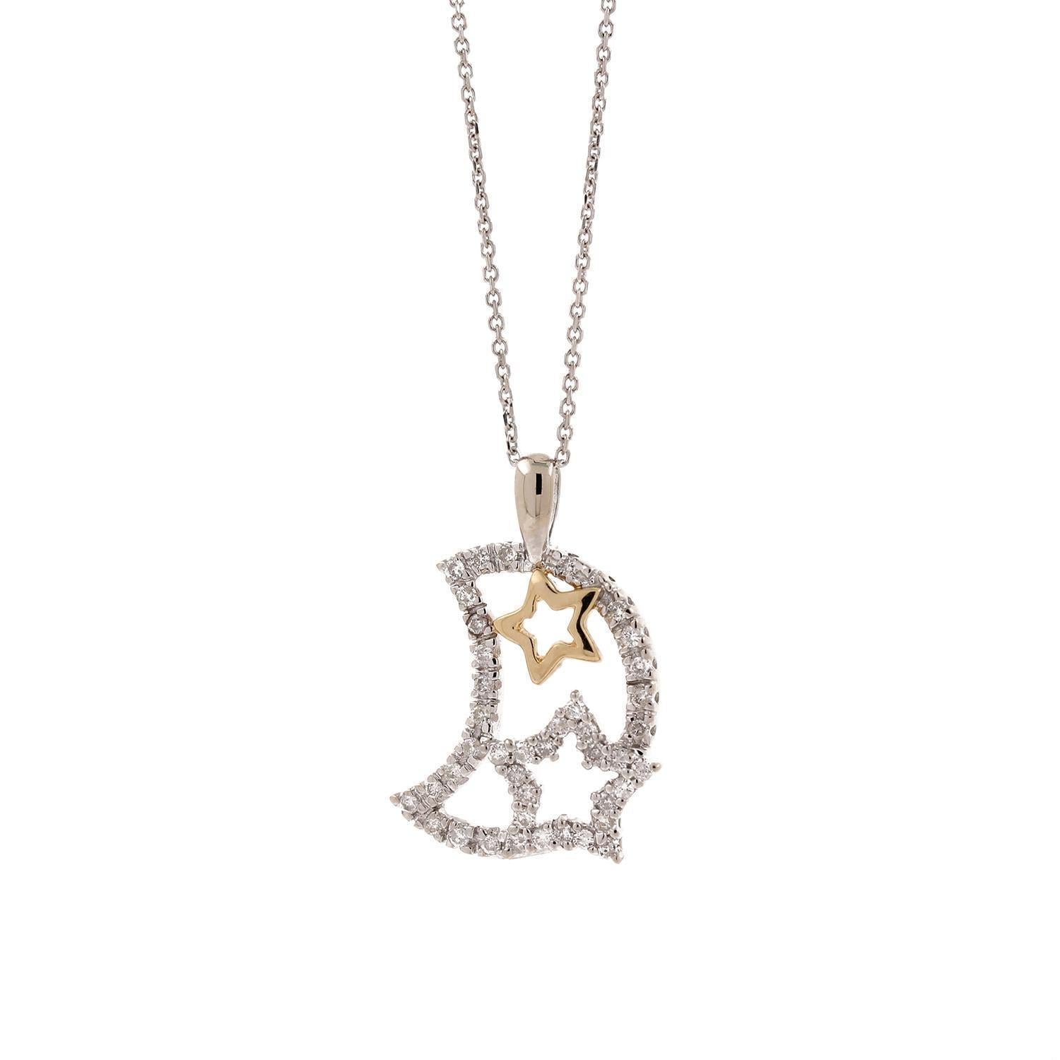 Moon & Stars Diamond Pendant Cable Link Chain Necklace 14K Two-Tone Gold 20.85"
