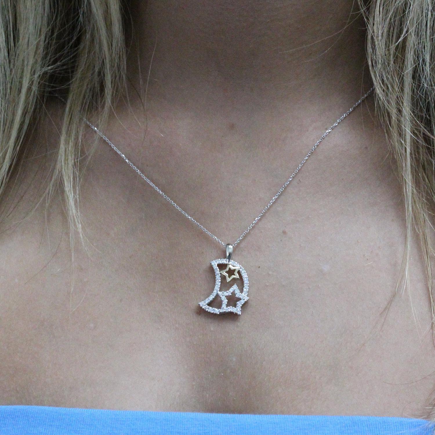 Moon & Stars Diamond Pendant Cable Link Chain Necklace 14K Two-Tone Gold 20.85"