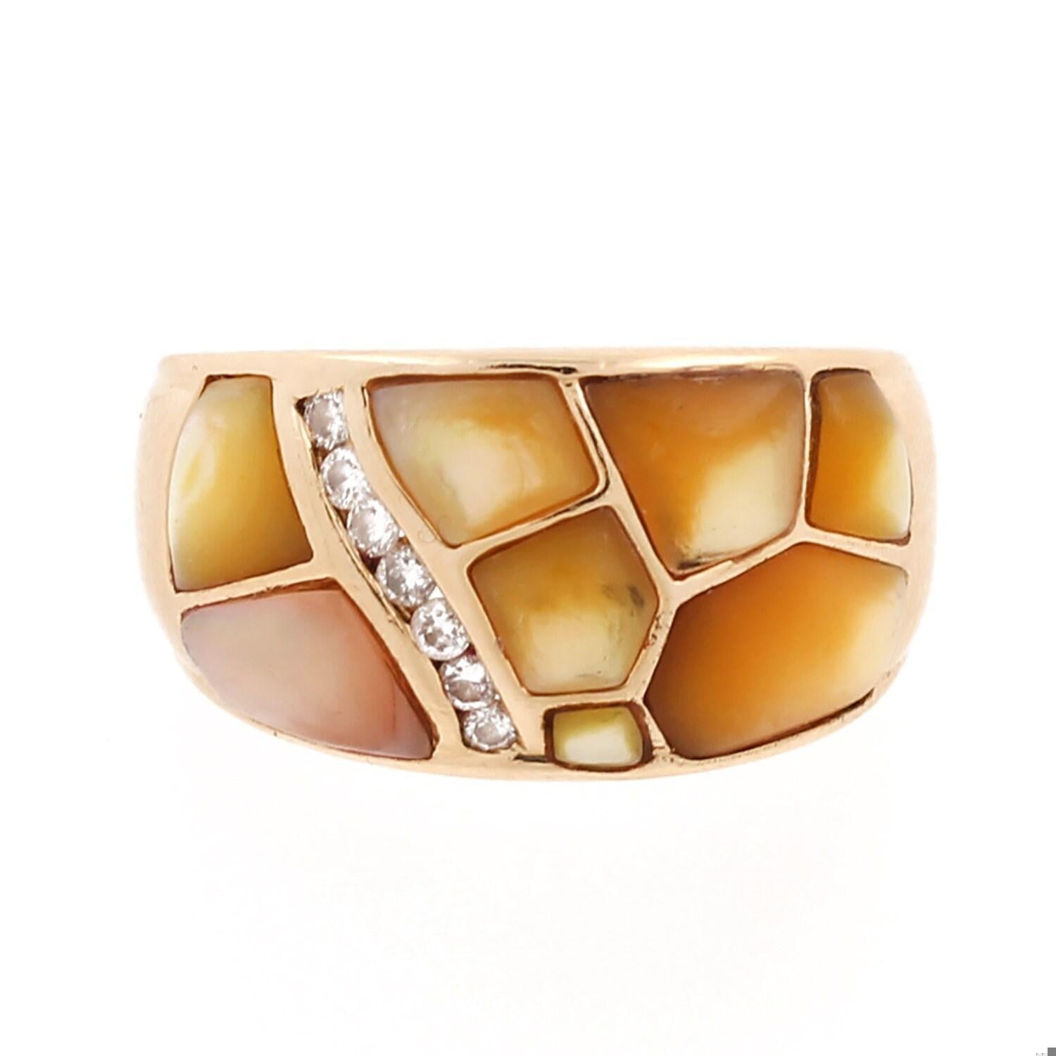 Mosaic Mother of Pearl Diamond Wide Band Ring 14K Yellow Gold Size 7.25 Estate
