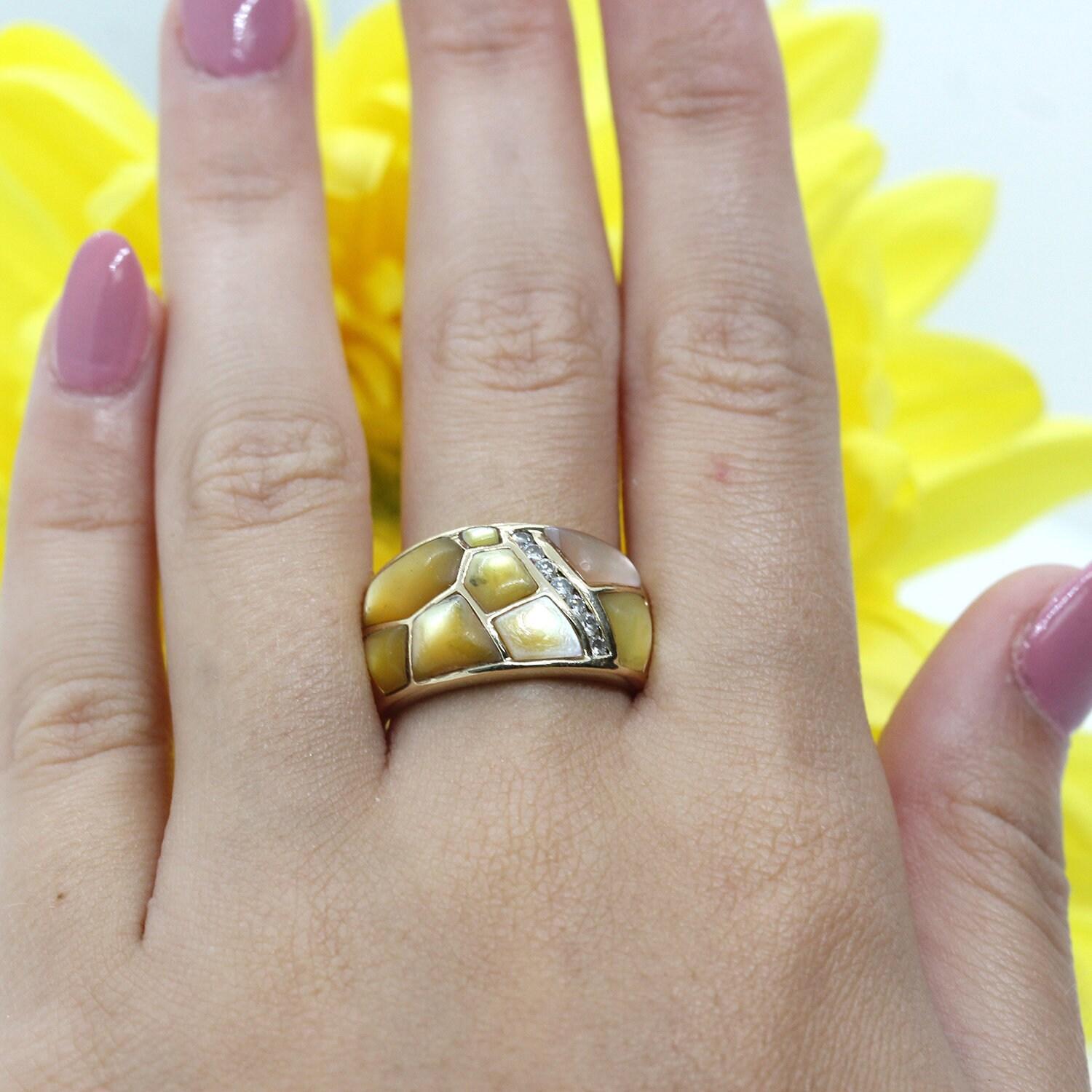 Mosaic Mother of Pearl Diamond Wide Band Ring 14K Yellow Gold Size 7.25 Estate