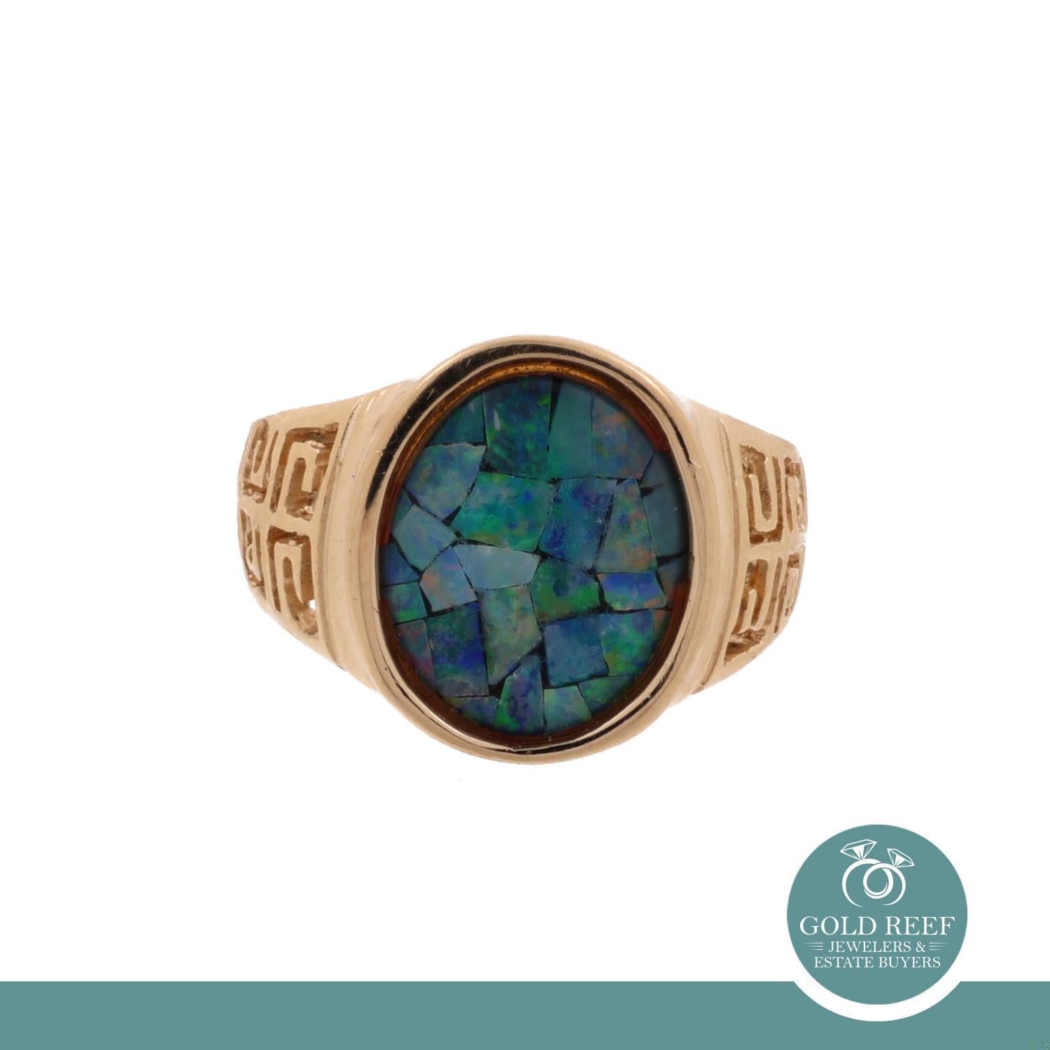 Mosaic Opal Greek Key Signet Ring 14K Yellow Gold Size 5.75 Unisex Estate