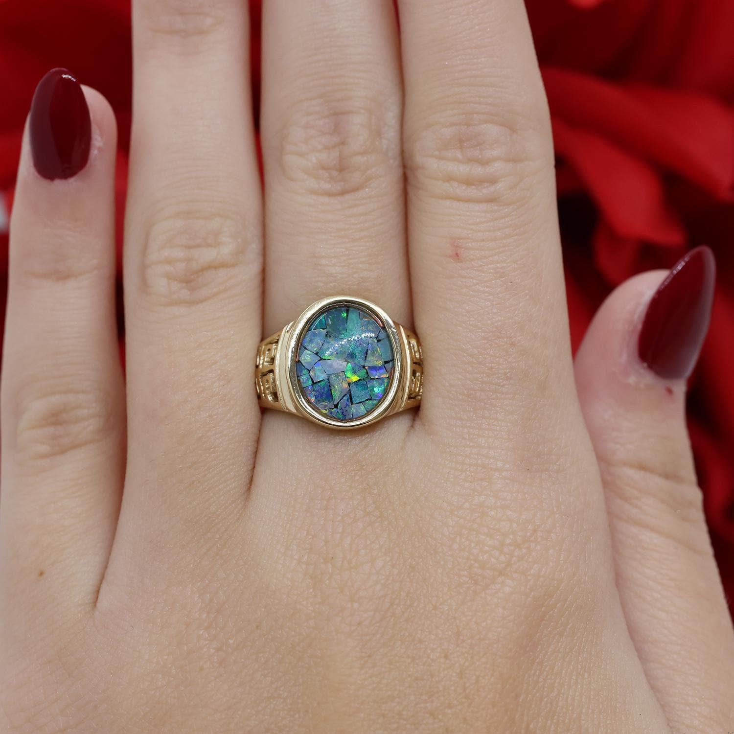 Mosaic Opal Greek Key Signet Ring 14K Yellow Gold Size 5.75 Unisex Estate