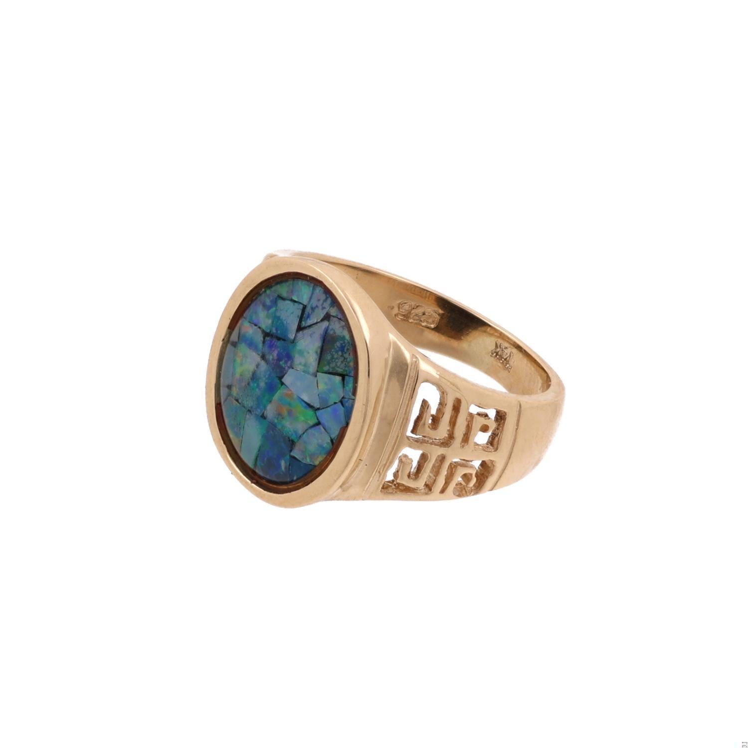 Mosaic Opal Greek Key Signet Ring 14K Yellow Gold Size 5.75 Unisex Estate