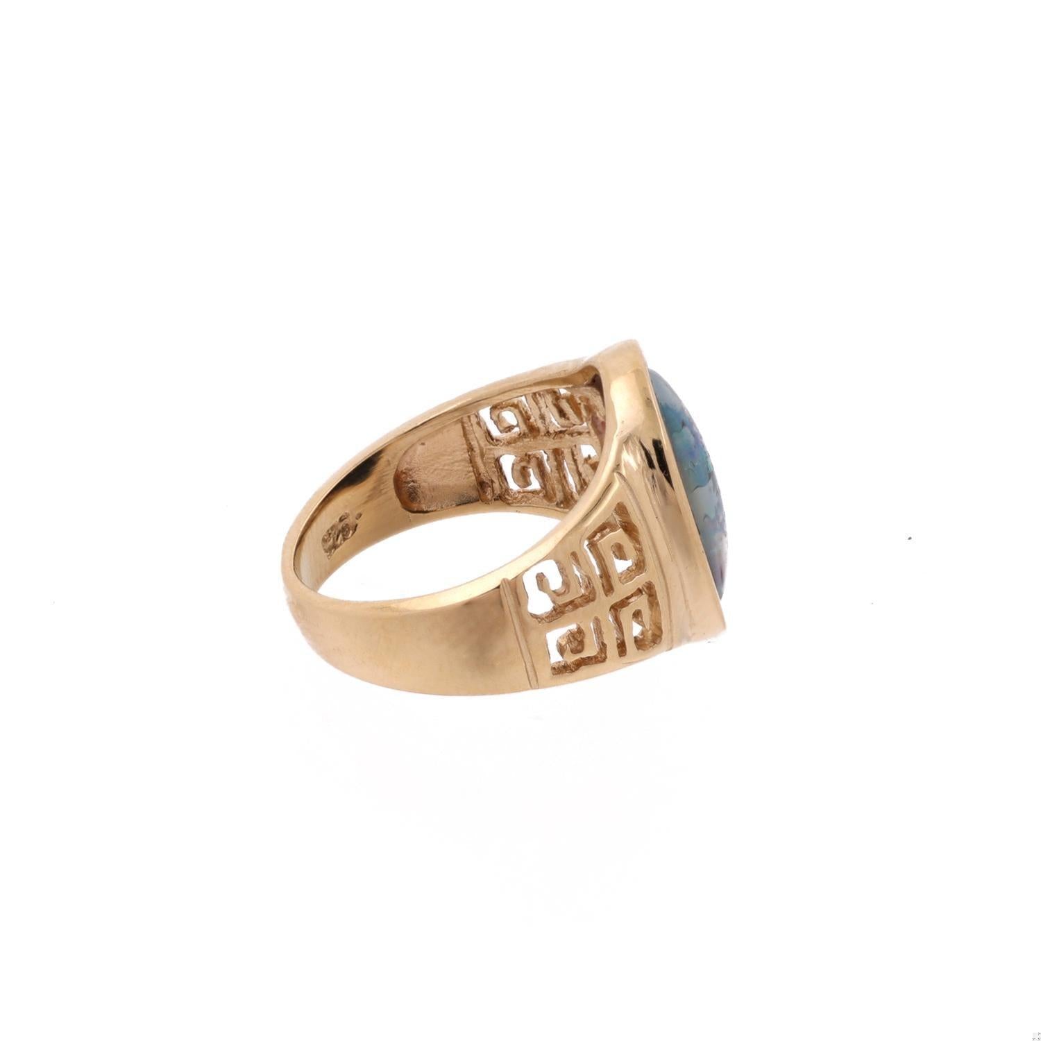 Mosaic Opal Greek Key Signet Ring 14K Yellow Gold Size 5.75 Unisex Estate