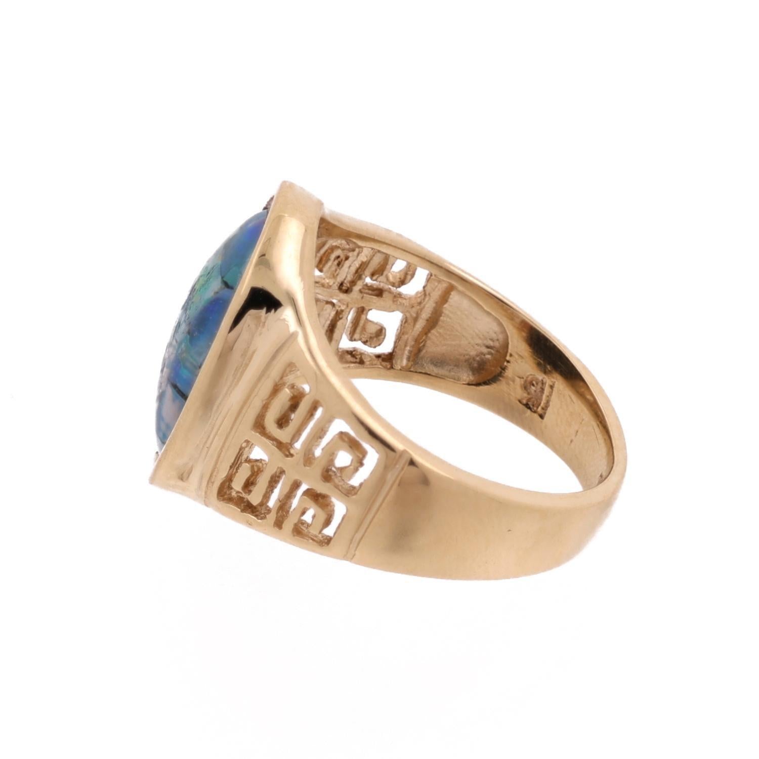Mosaic Opal Greek Key Signet Ring 14K Yellow Gold Size 5.75 Unisex Estate