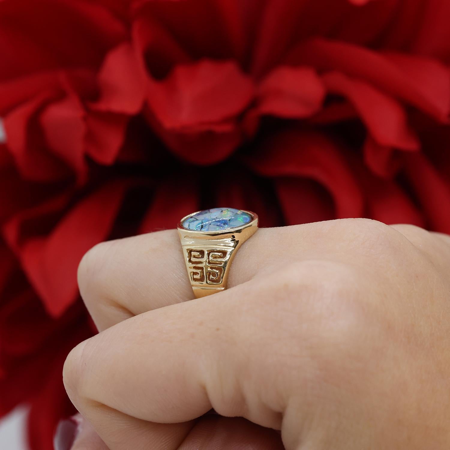 Mosaic Opal Greek Key Signet Ring 14K Yellow Gold Size 5.75 Unisex Estate
