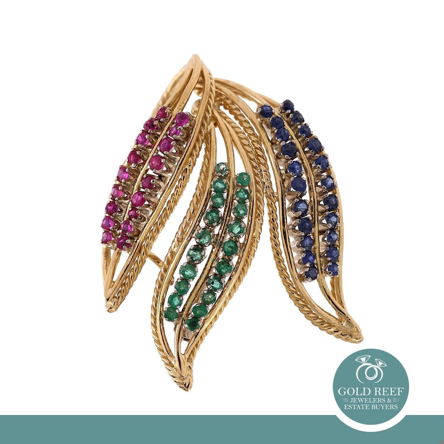 Multi-Gemstone Floral Leaf Pendant Brooch Pin 18K Yellow Gold Italy 1.50" Estate