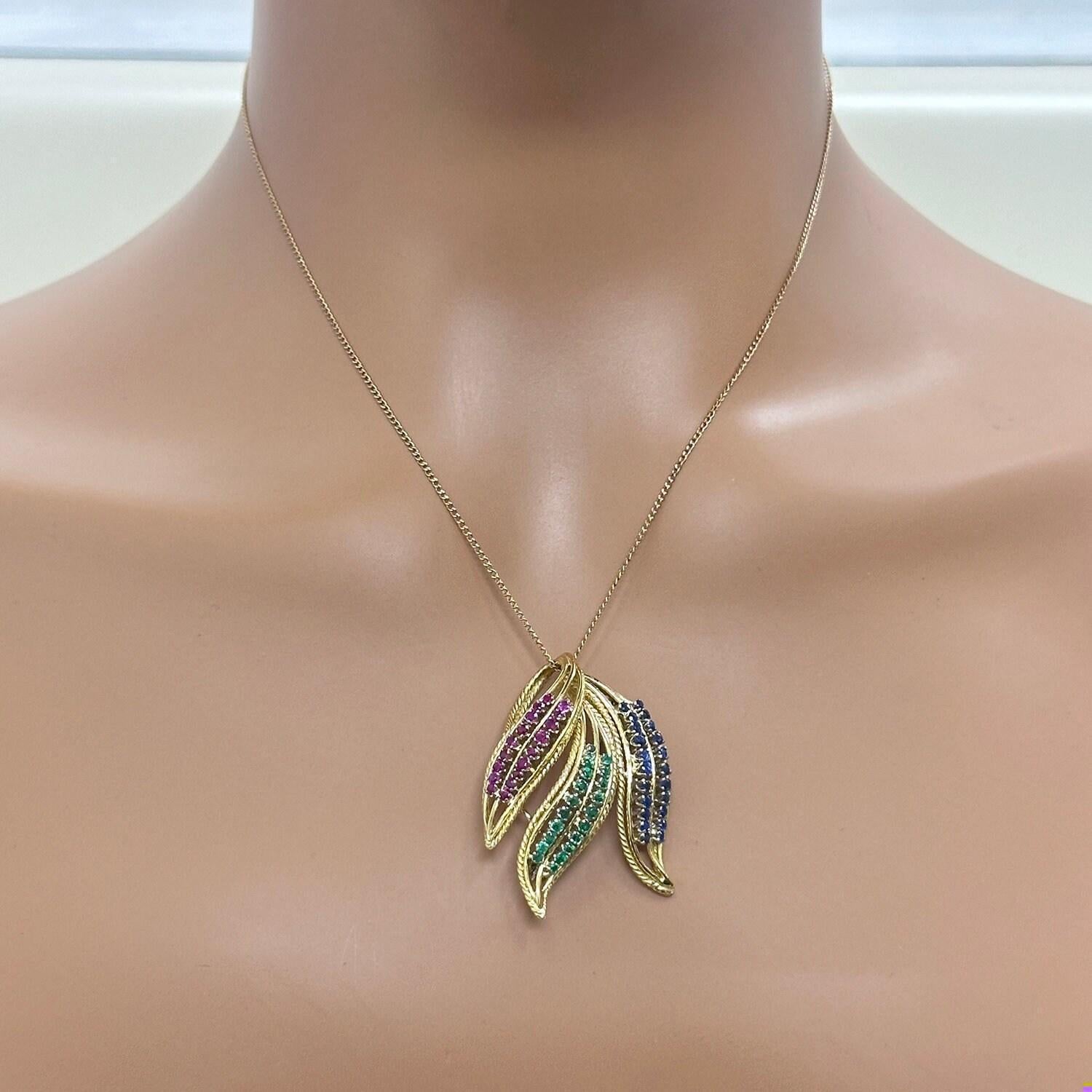 Multi-Gemstone Floral Leaf Pendant Brooch Pin 18K Yellow Gold Italy 1.50" Estate