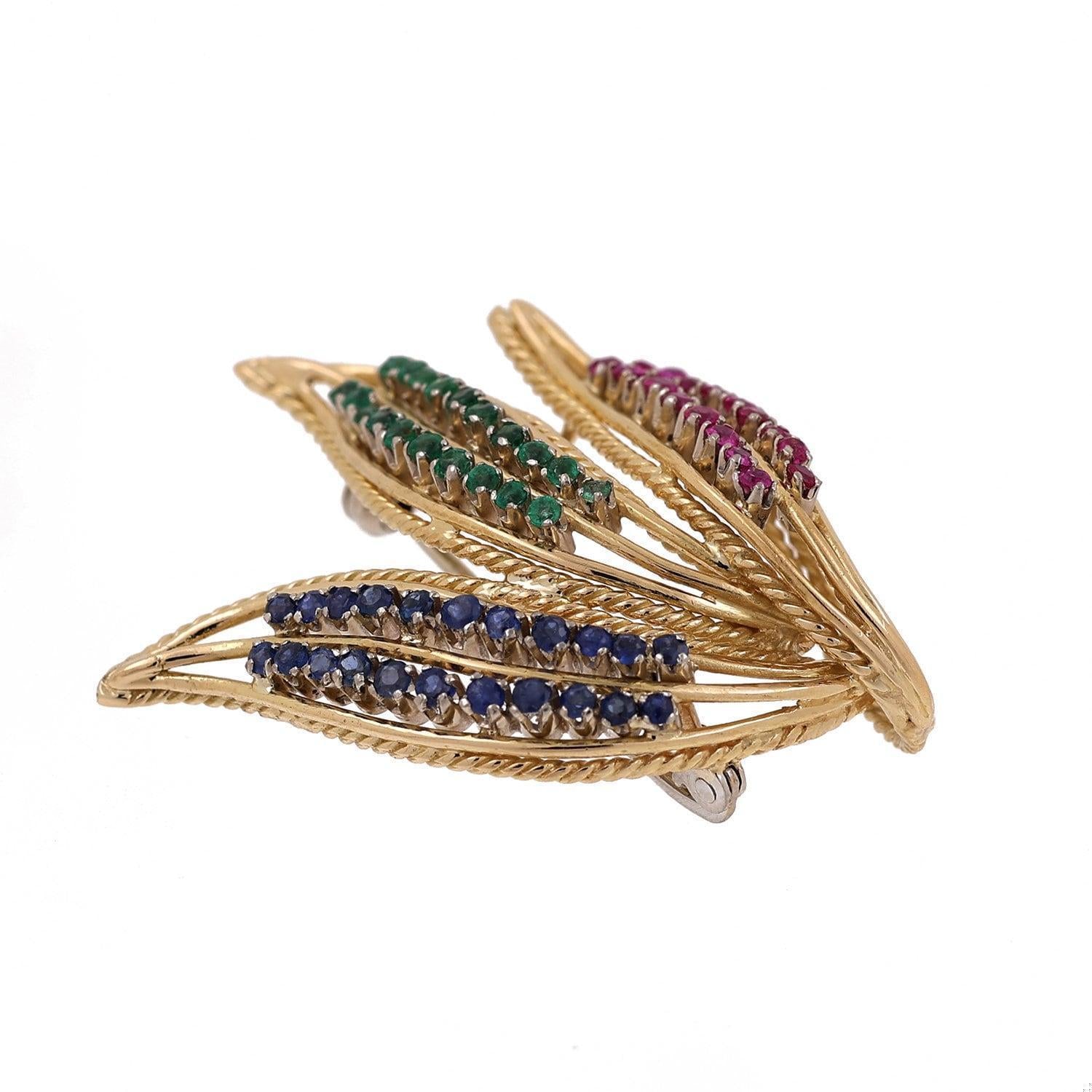 Multi-Gemstone Floral Leaf Pendant Brooch Pin 18K Yellow Gold Italy 1.50" Estate