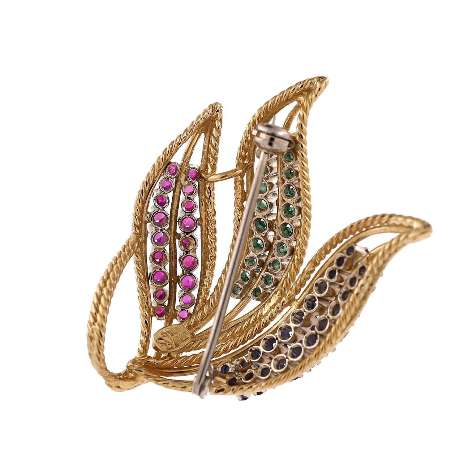 Multi-Gemstone Floral Leaf Pendant Brooch Pin 18K Yellow Gold Italy 1.50" Estate