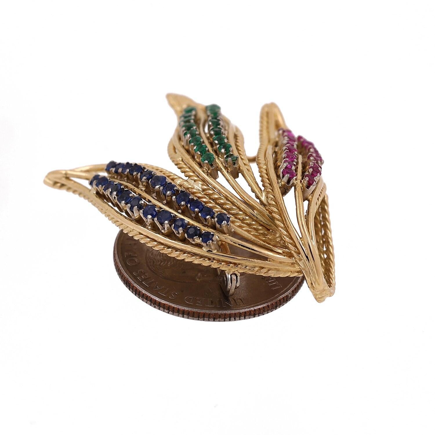 Multi-Gemstone Floral Leaf Pendant Brooch Pin 18K Yellow Gold Italy 1.50" Estate