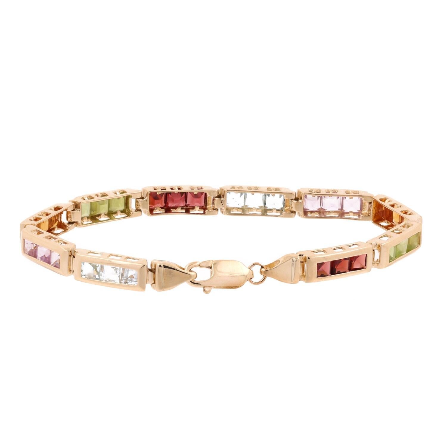 Multi Gemstone Link Bracelet 14K Yellow Gold 4.56 CTW Square Gems 7.5"