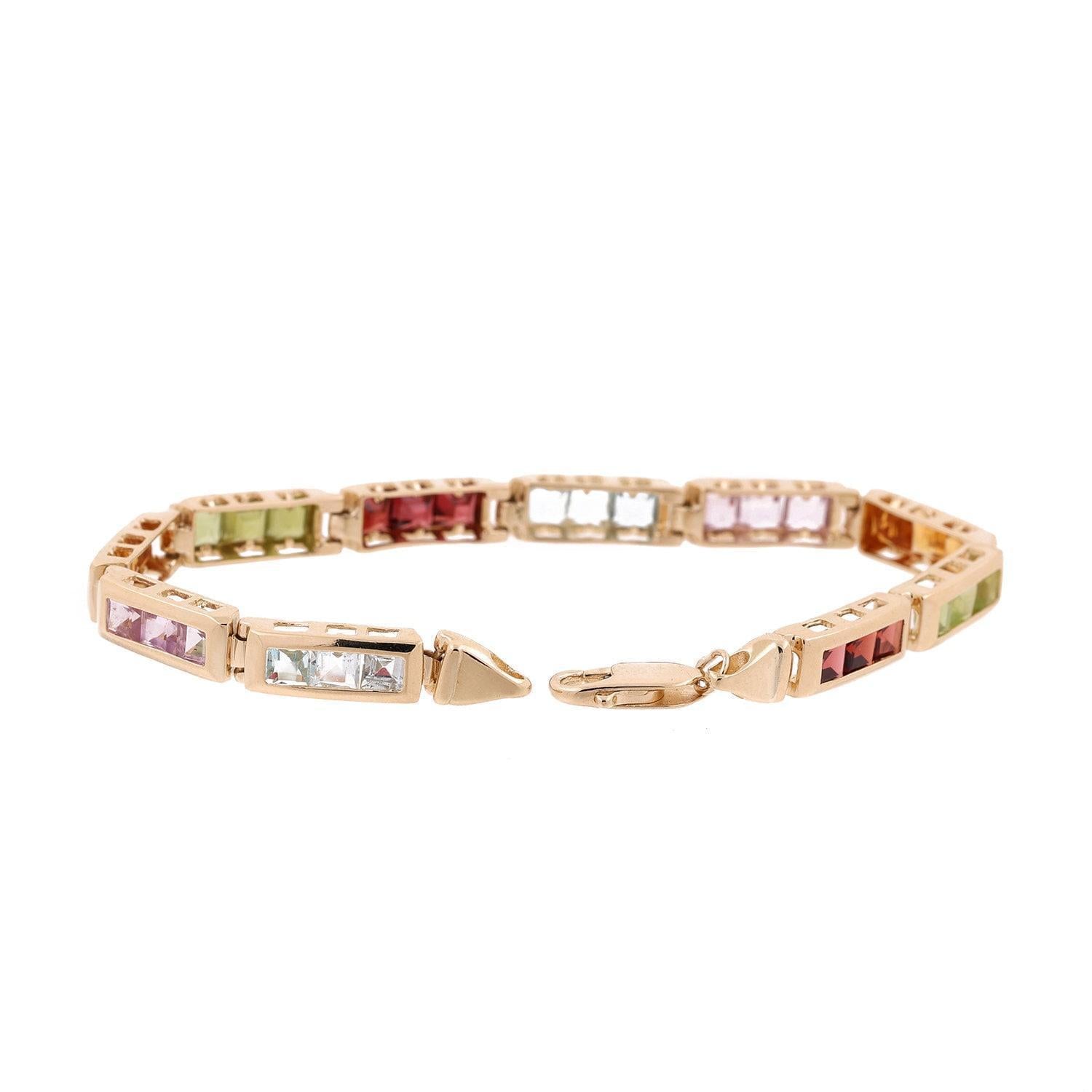 Multi Gemstone Link Bracelet 14K Yellow Gold 4.56 CTW Square Gems 7.5"