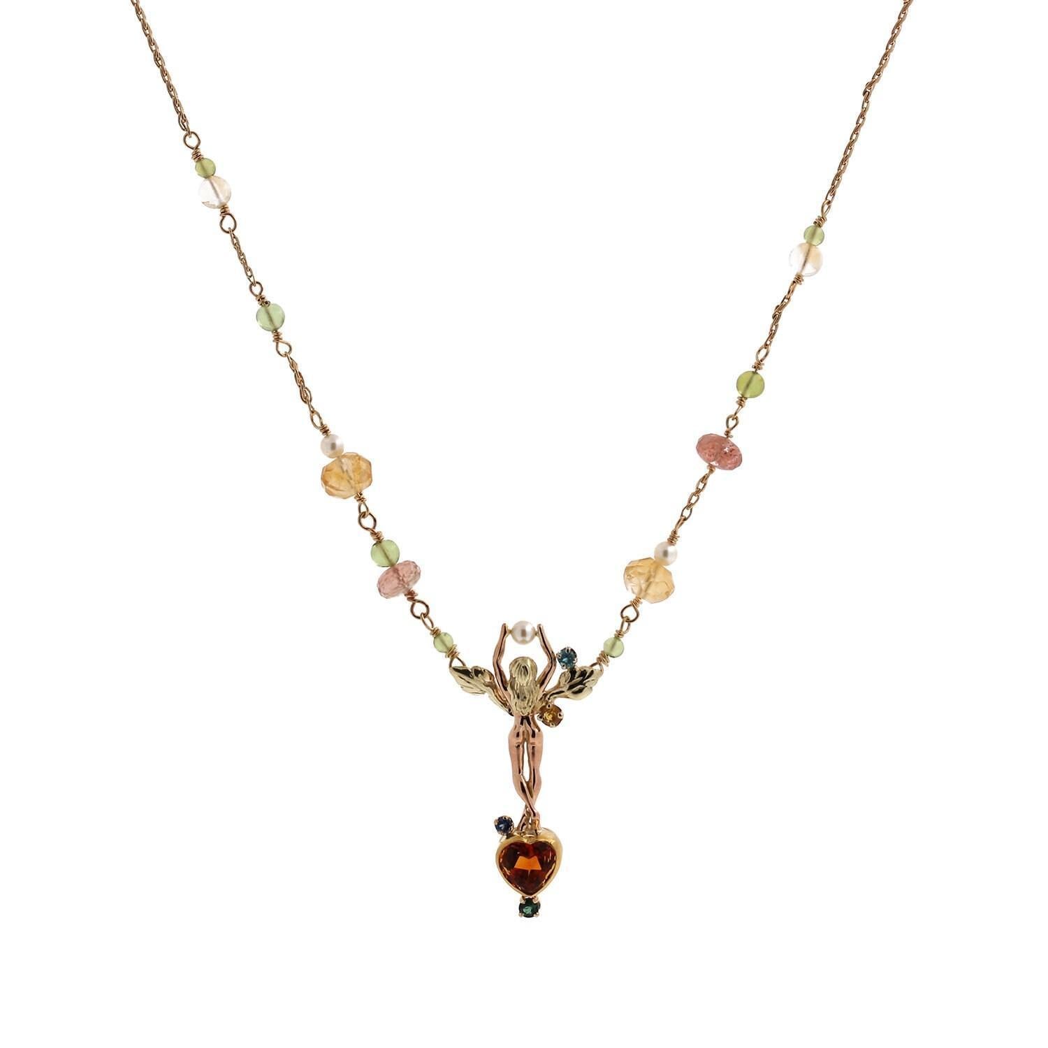 Multi Gemstone Pearl Fairy Pendant Necklace 14K Gold 18.5" Ladies Vintage Estate