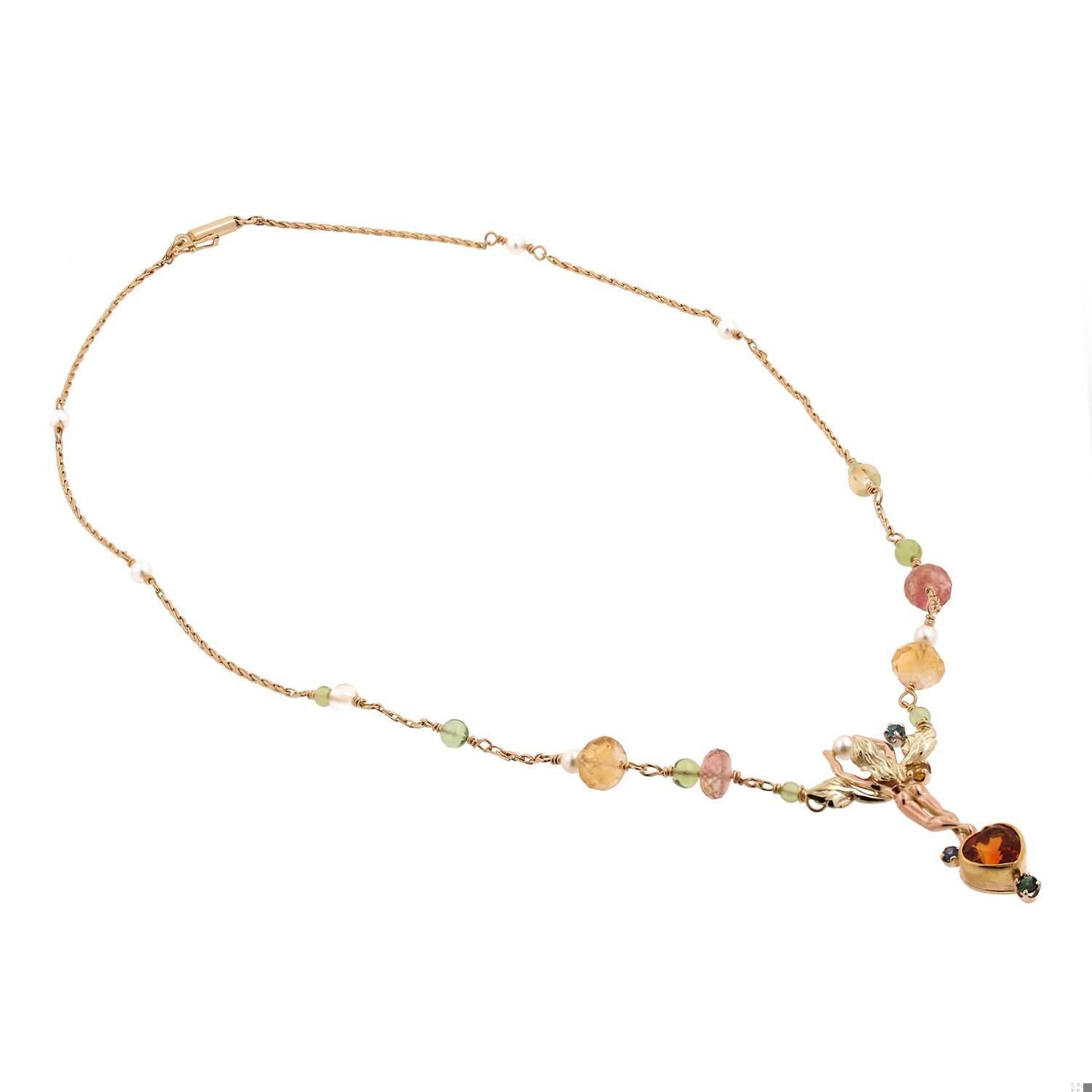 Multi Gemstone Pearl Fairy Pendant Necklace 14K Gold 18.5" Ladies Vintage Estate