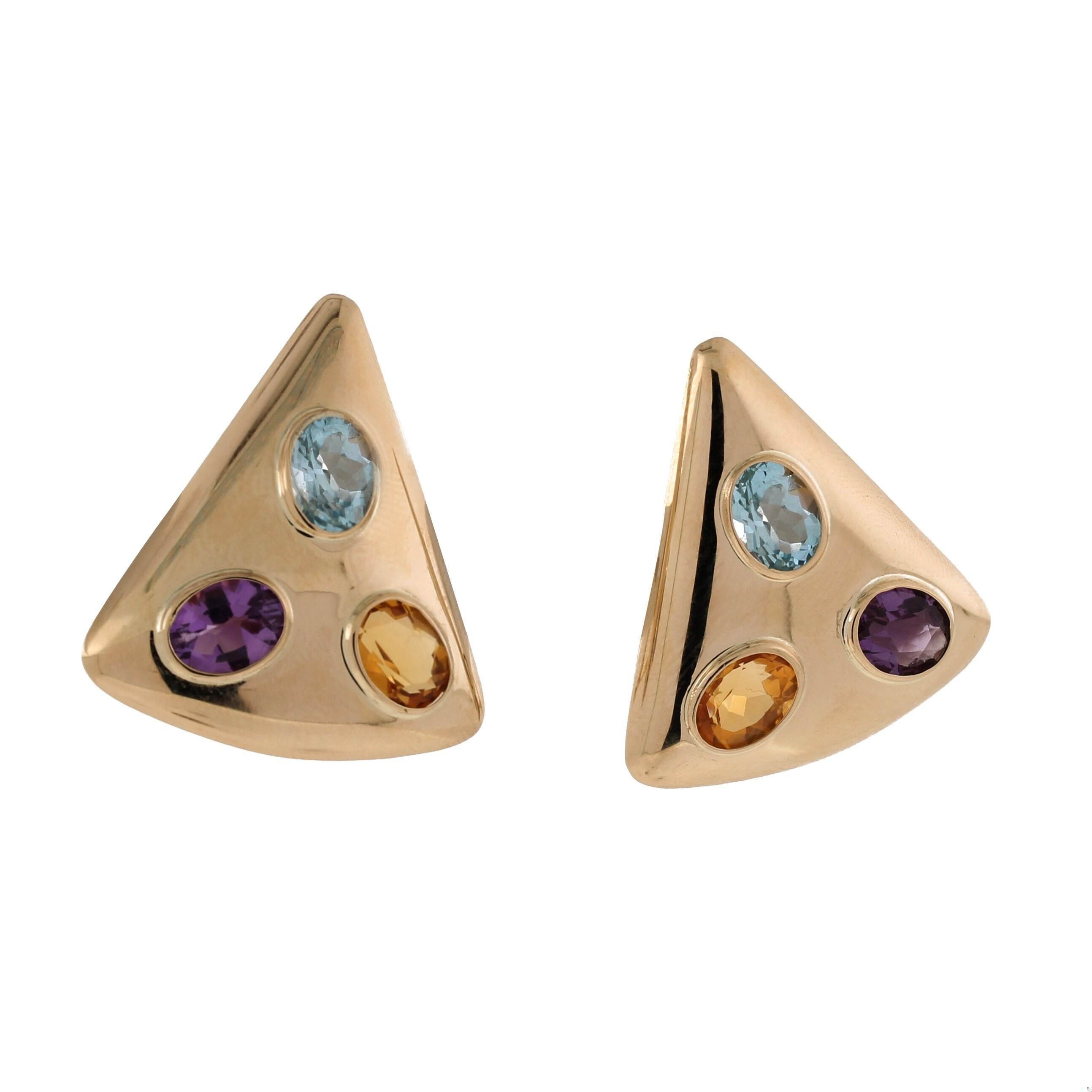 Multi Gemstone Triangle Earrings 14K Yellow Gold 8.00 CTW Omega Backs Estate
