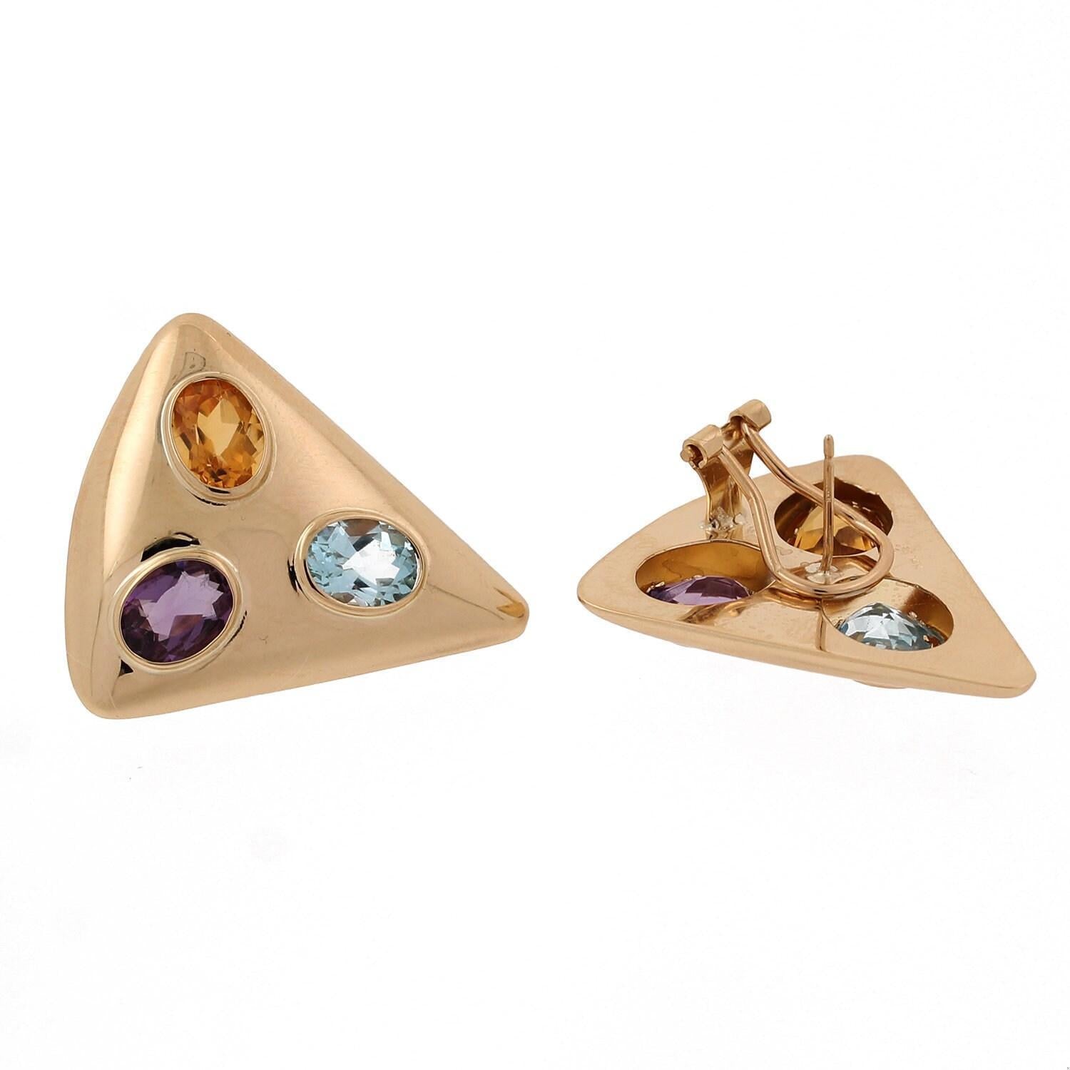 Multi Gemstone Triangle Earrings 14K Yellow Gold 8.00 CTW Omega Backs Estate