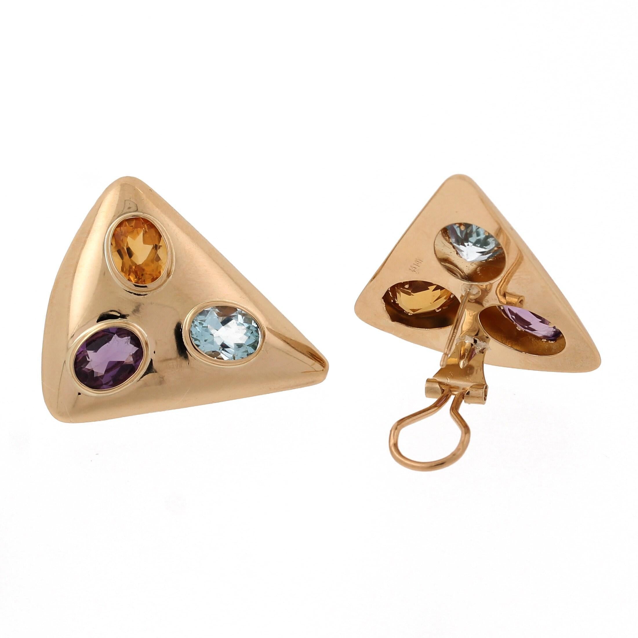 Multi Gemstone Triangle Earrings 14K Yellow Gold 8.00 CTW Omega Backs Estate
